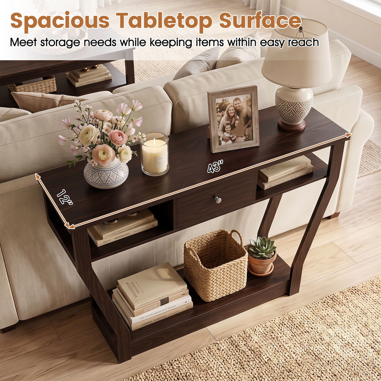 SUGIFT 3-Tier MDF Console Accent Table with Drawer 66-lb Capacity 43-in Wide Sofa Accent Table 30.5-lb Net Weight Brown