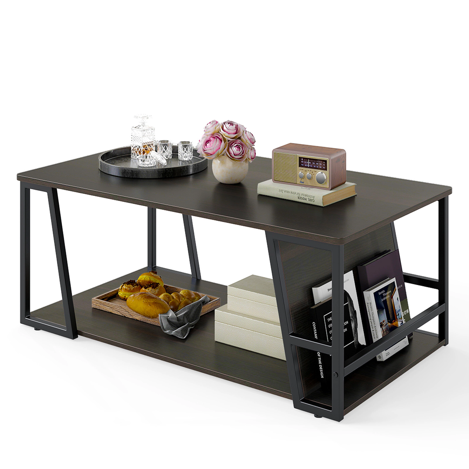 Glintex 2-Tier 40-Inch Industrial Coffee Table with Side Storage Compartment