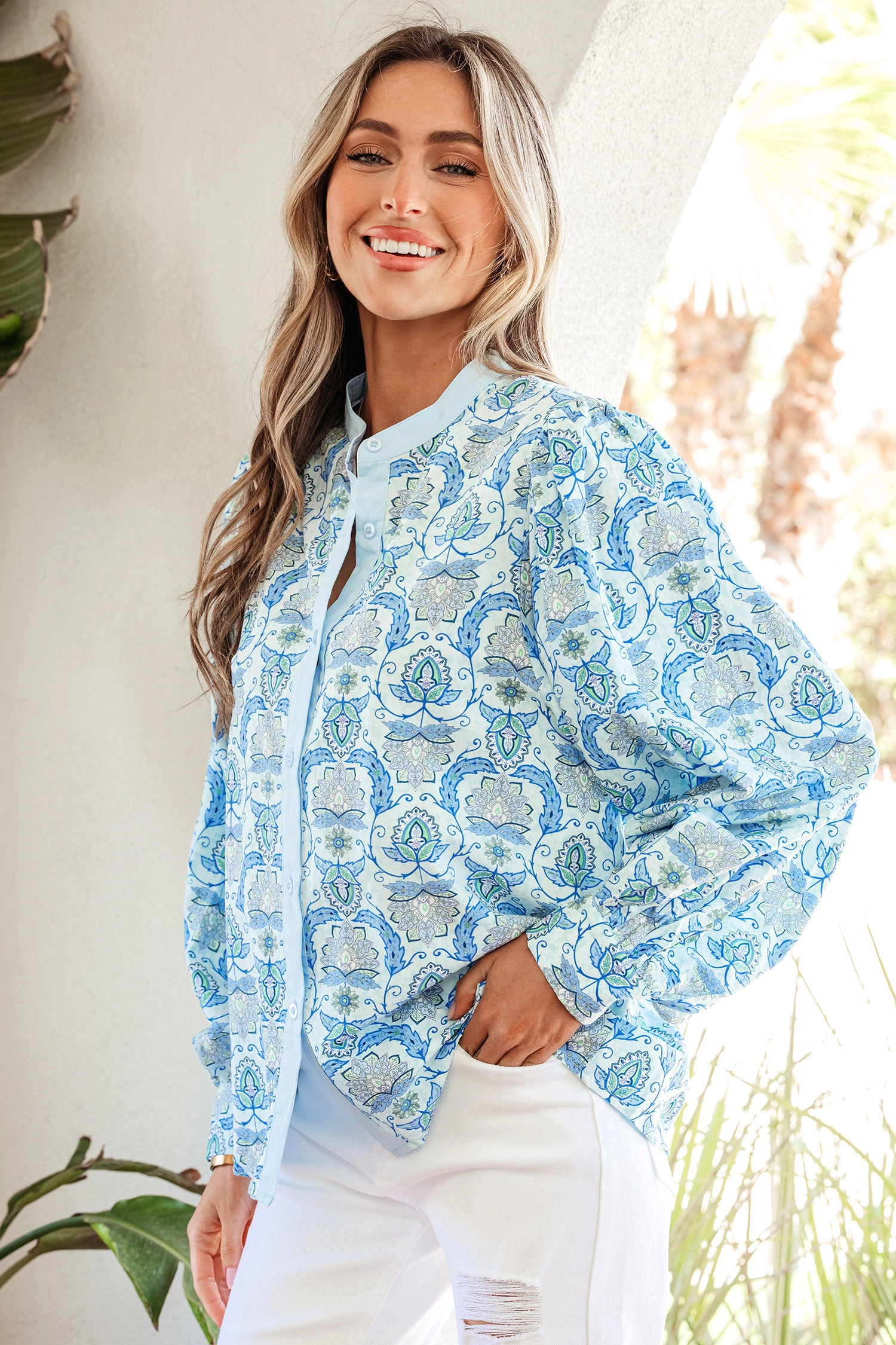 Threaded Pear Womens Micah Puff Sleeve Loose Shirt - Paisley Print, Sky Blue