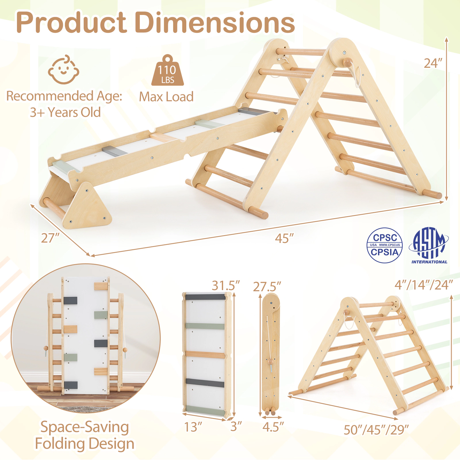 SUGIFT Natural Ramp 3-in-1 Kids Pikler Triangle Climbing Set Foldable Montessori Toy