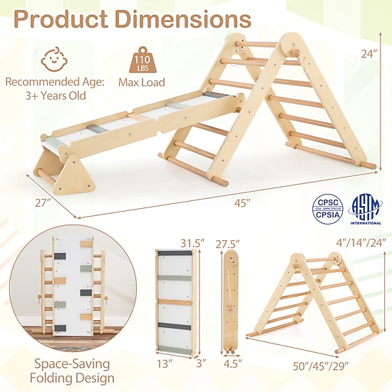 SUGIFT Natural Ramp 3-in-1 Kids Pikler Triangle Climbing Set Foldable Montessori Toy