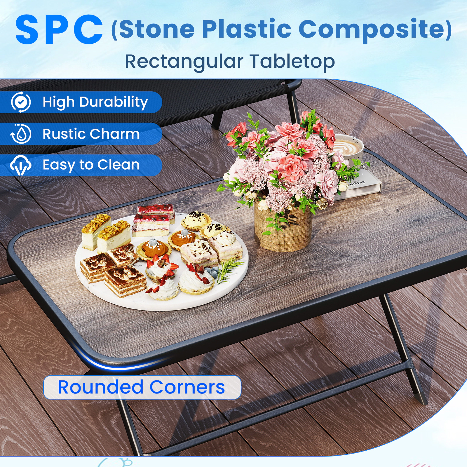 SUGIFT 4-Piece Folding Patio Conversation Set with SPC Coffee Table and Patio Chairs Black Fabric and Metal