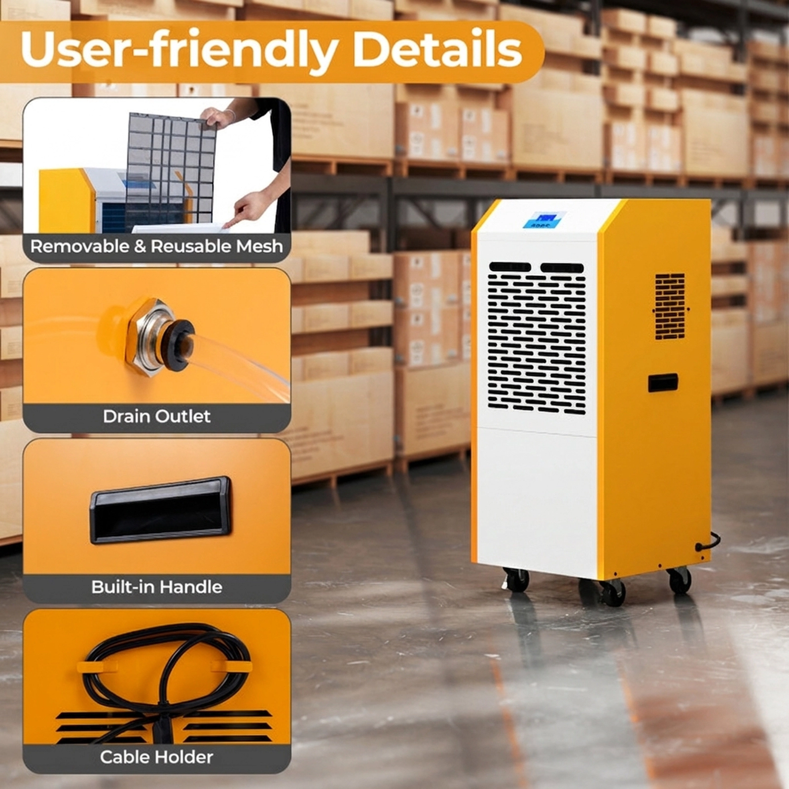 SUGIFT 290-Pint Commercial Dehumidifier with Built-in Pump 1000-cu m Airflow and 4 Locking Wheels