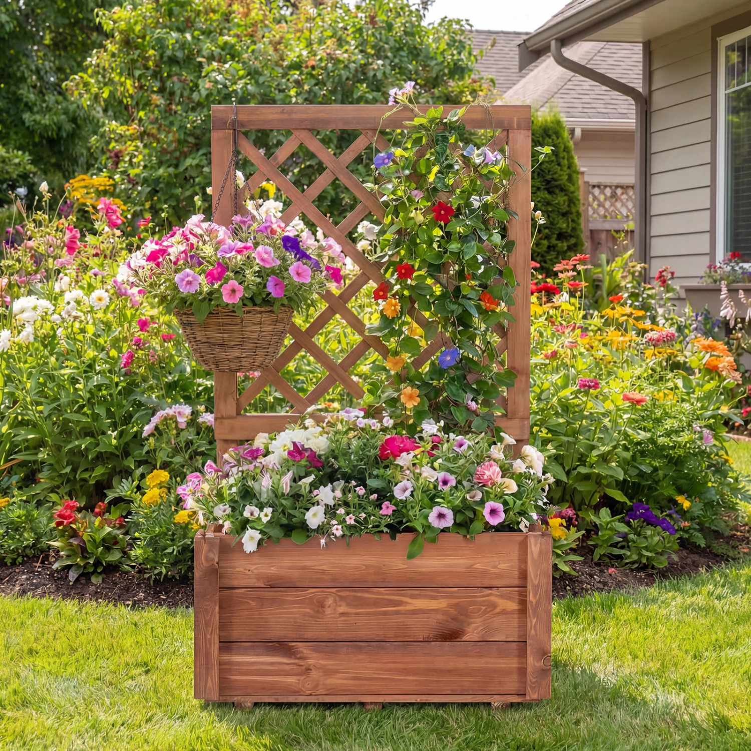 LJG Wooden Raised Garden Bed with Lattice Trellis Drainage Holes