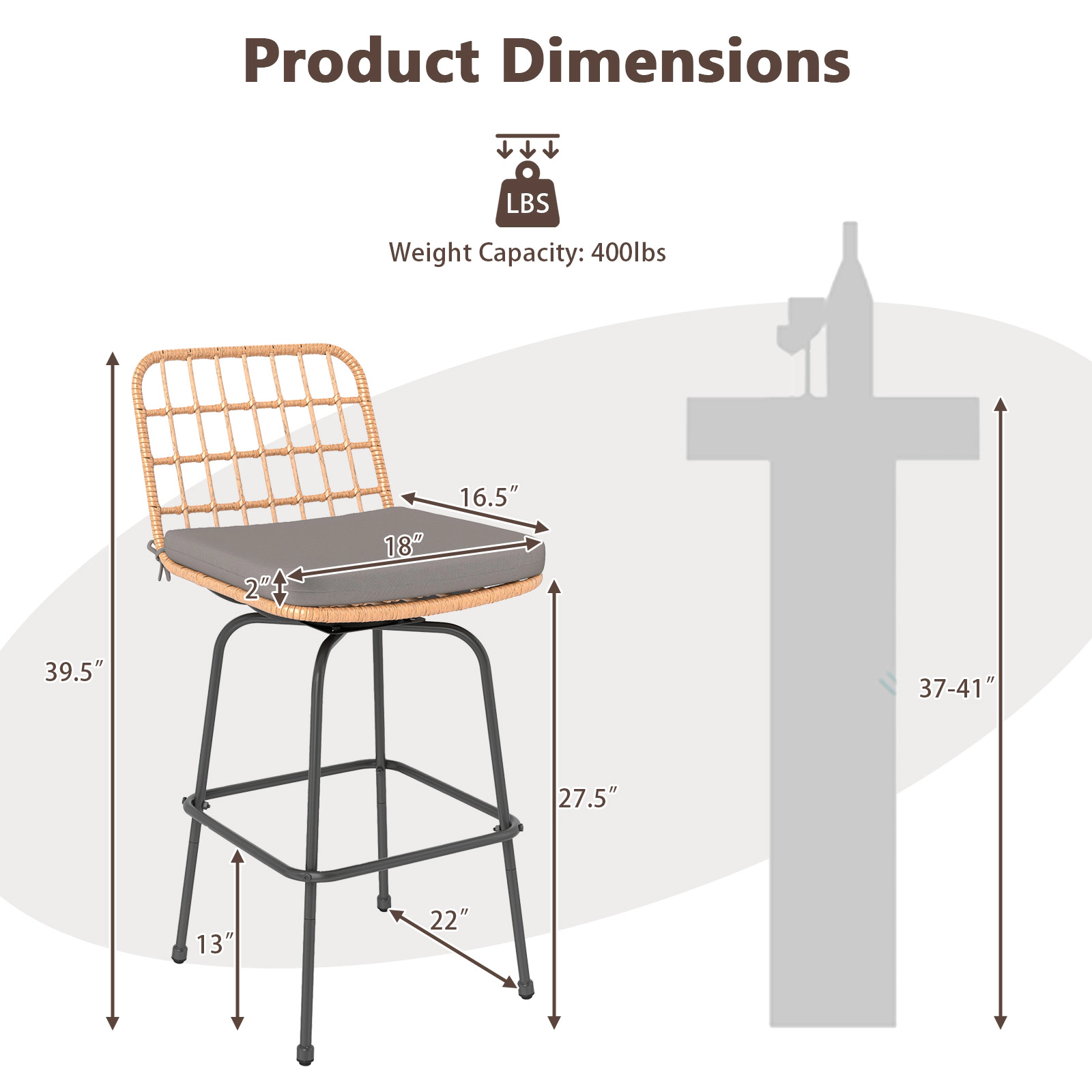 SUGIFT Gray Rattan Back and Soft Seat Cushions Set of 2 Patio Swivel Bar Stool