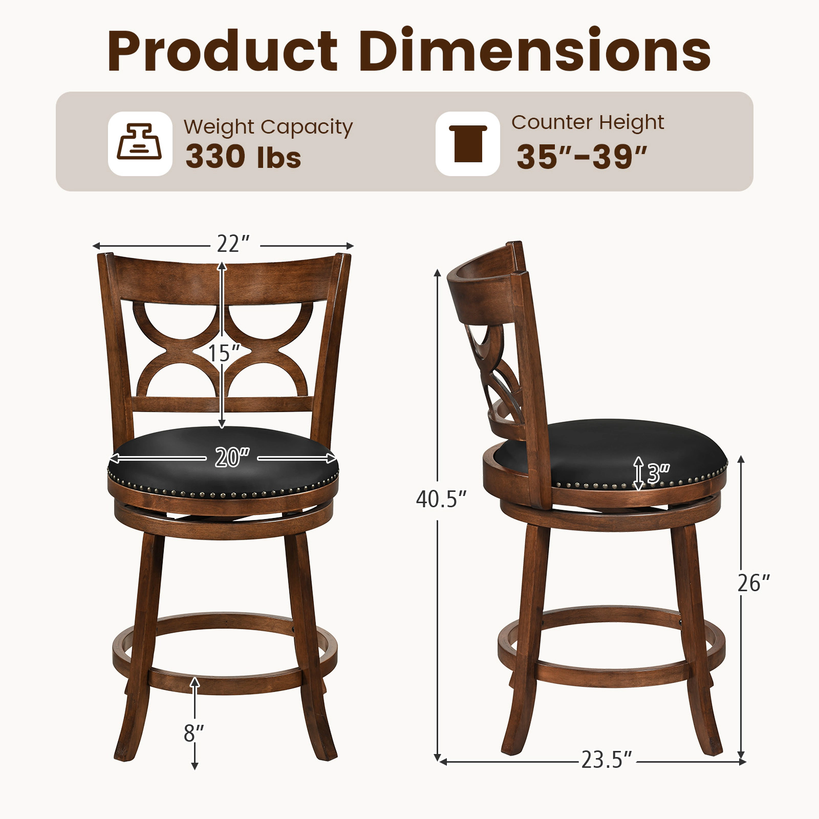 SUGIFT 360° Swivel Bar Stool 330-lb Capacity PVC Leather Seat Expresso