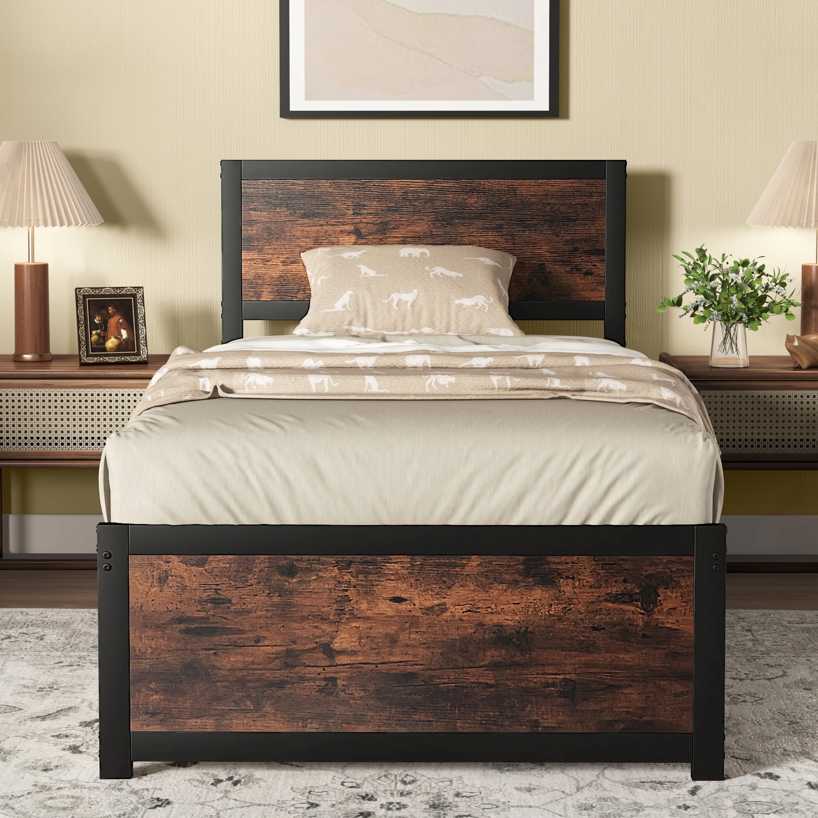 SUGIFT Sprayed Metal Twin Bed Frame with High Headboard and Mute Bars 490-Lb Capacity 77-in Length Rustic Brown & Black