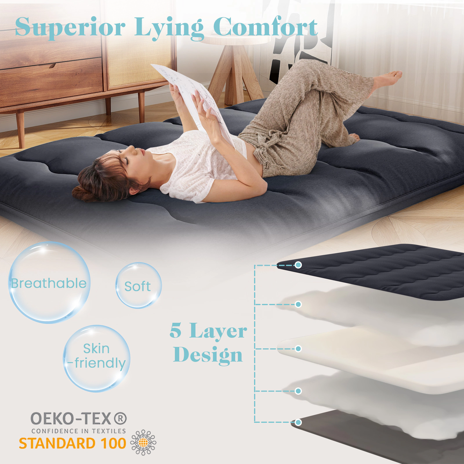 SUGIFT Foldable Full Futon Mattress with Washable Cover and Carry Bag Beige/Brown Bear/Black/Green/Gray/Navy