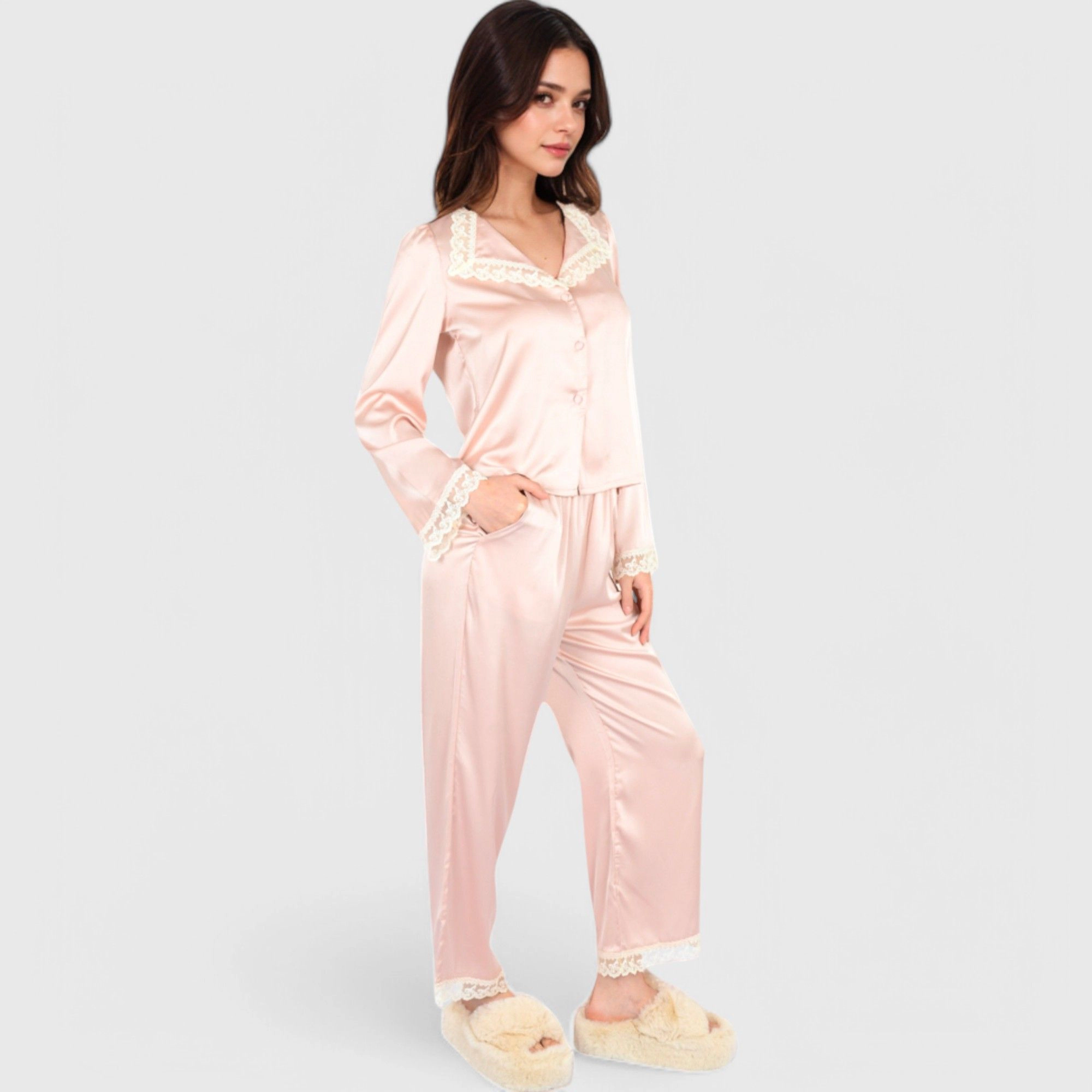 Anna-Kaci Women's Satin Pajama Set with Lace Trim and Button Up Long Sleeve Top