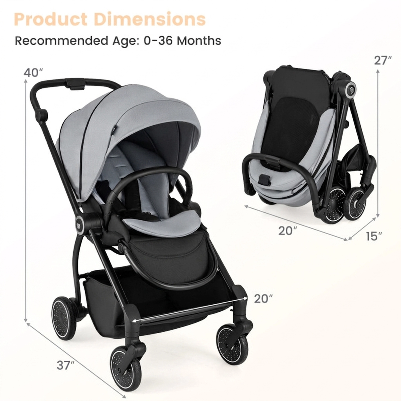 SUGIFT Gray 33-lb Capacity Foldable Infant Pram Stroller with Reversible Seat and Washable Cushion