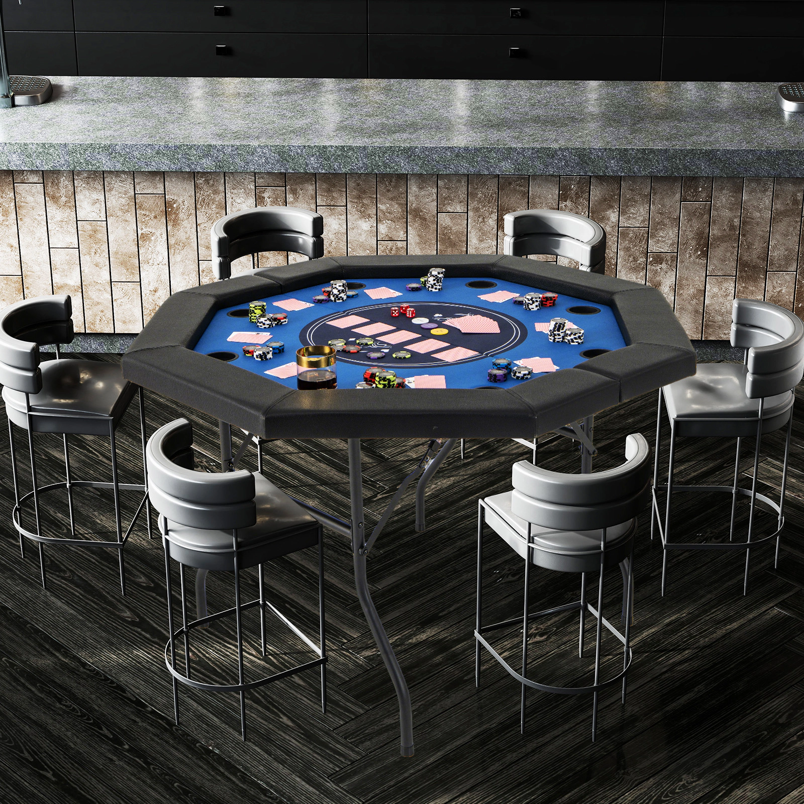 SUGIFT Foldable 48-in Poker Table with Padded Rails and Cup Holders 220-lb Capacity Blue