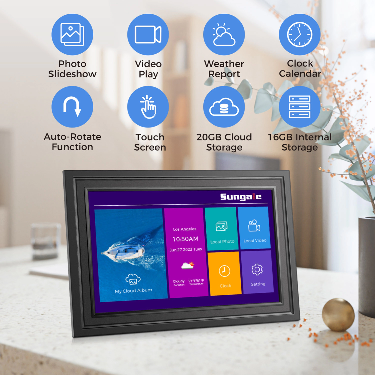 Sungale 10 Inch 1080x800, Easy PhotoShare APP, 20GB Cloud Storage - White Frame