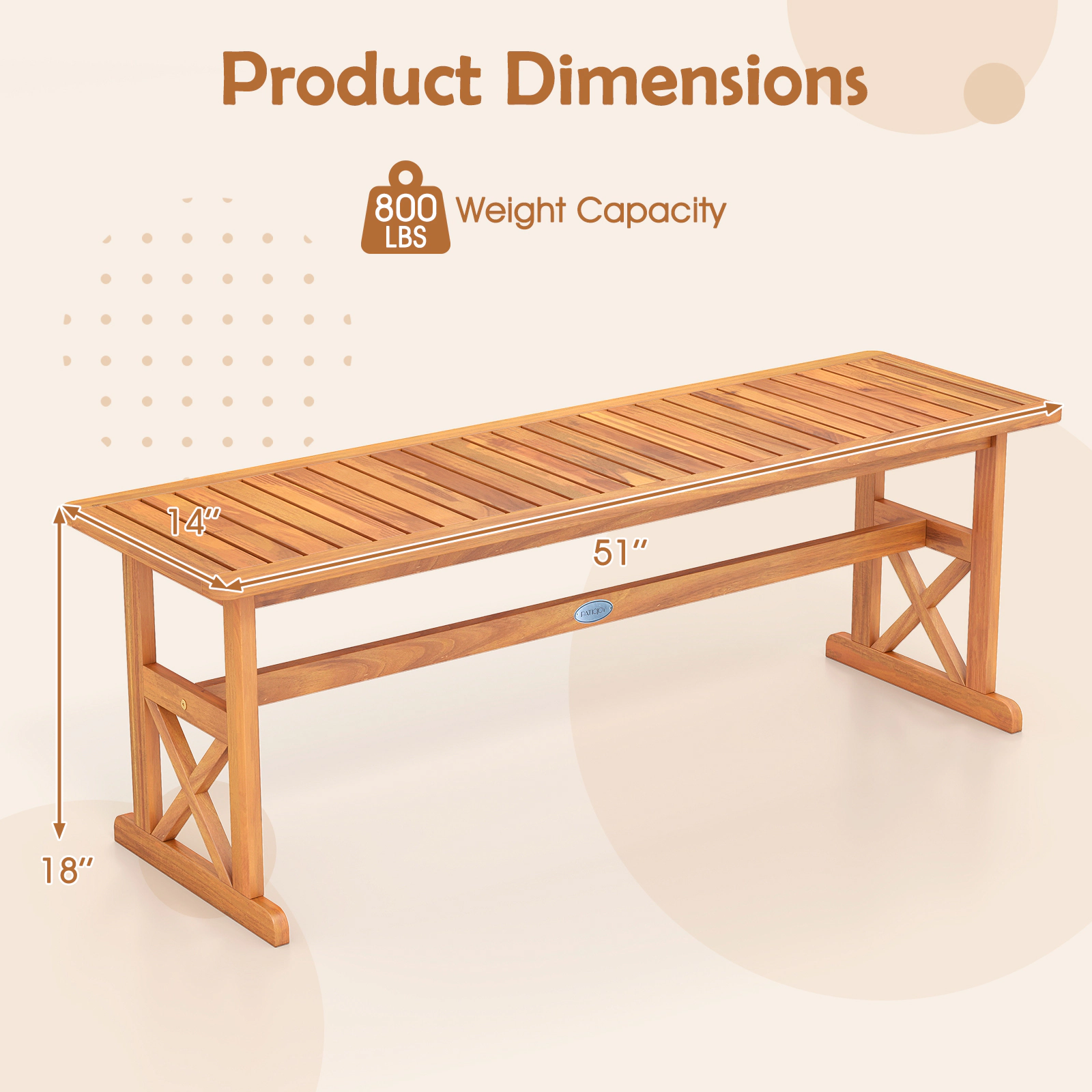 SUGIFT 51-in Outdoor Acacia Wood Bench Slatted Seat 800-lb Capacity Natural 18-in High 1-Piece Outdoor Dining & Garden