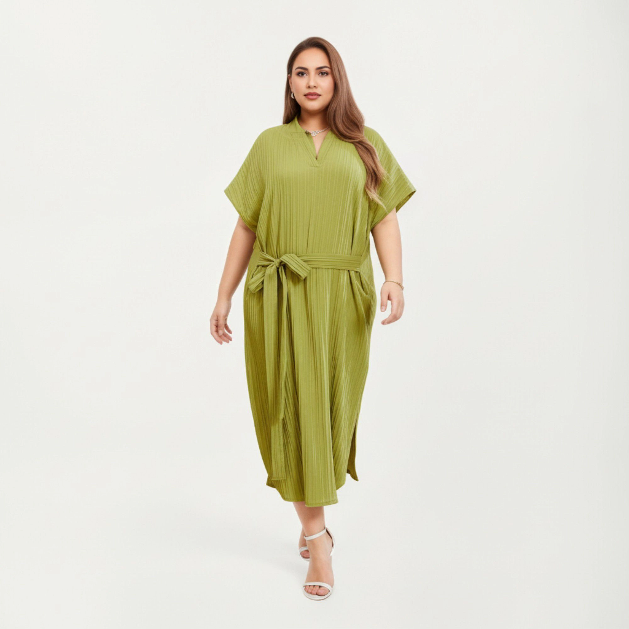 Anna-Kaci Women's Pleated Midi Dress Flowing Texture Relaxed Drop-Shoulder Sleeves and Adjustable Fabric Tie Waist Belt