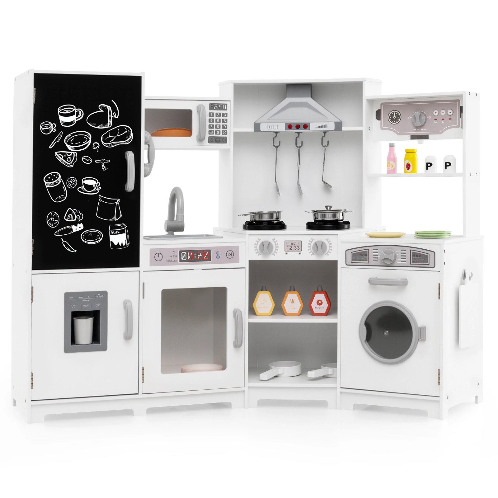 SUGIFT Corner Wooden Play Kitchen Lights & Sounds Large Pretend Play Kitchen Set 52-in Wide Ages 3+ White Espresso Pink