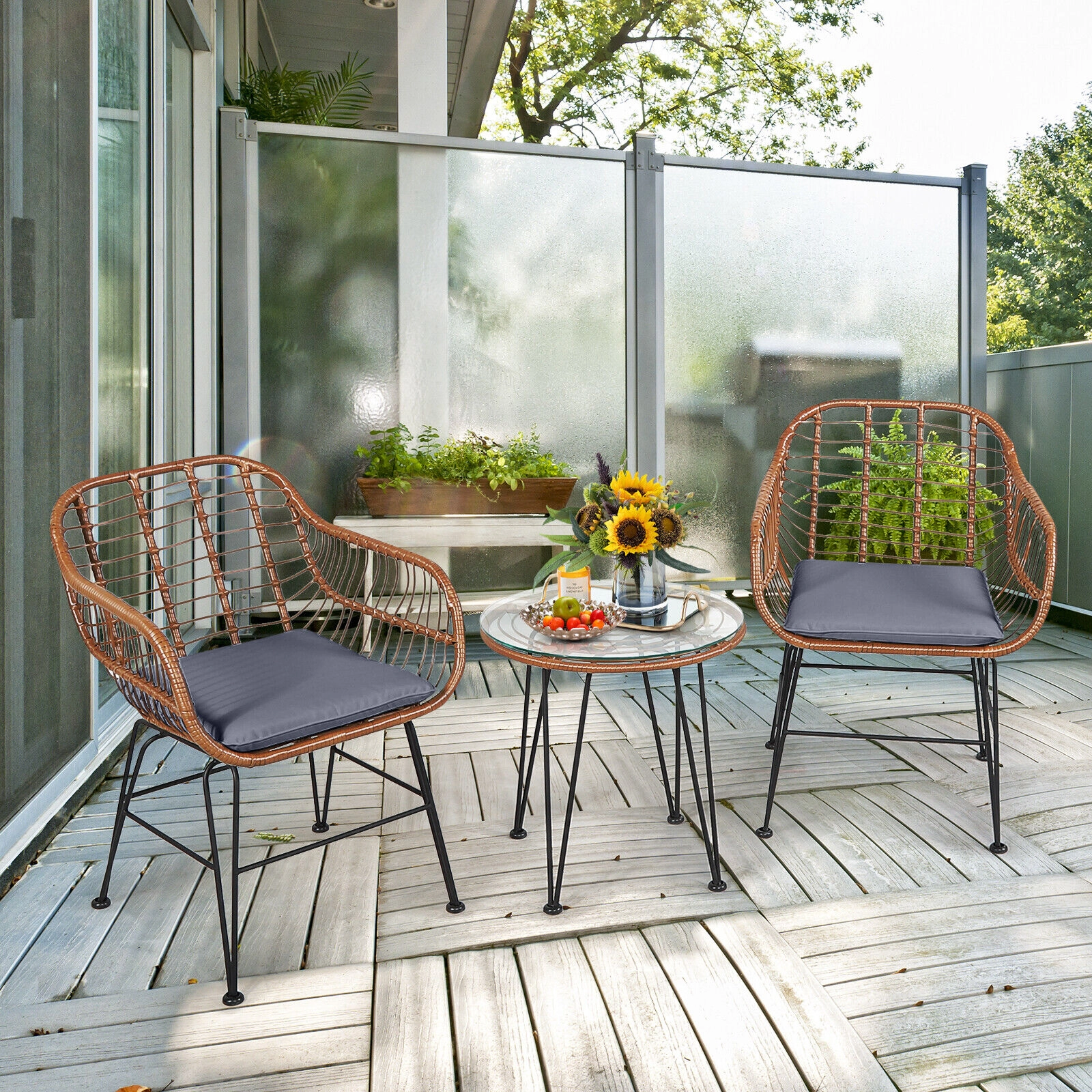 LJG 3 Pieces Patio Rattan Bistro Set with Cushion