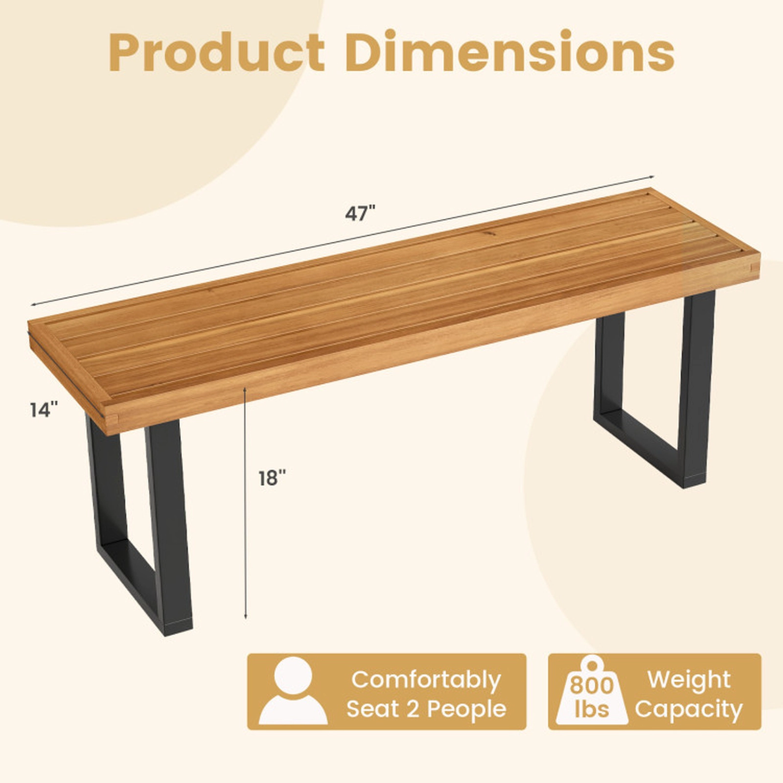SUGIFT Solid Acacia Wood Outdoor Patio Dining Bench 800-lb Capacity 48-in Long Slatted Seat Natural+Black Set of 2
