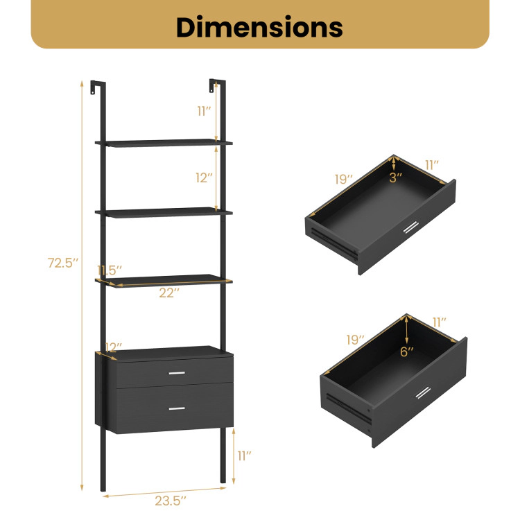 Hivvago 6-Tier Ladder Bookcase with 2 Drawers and Metal Frame