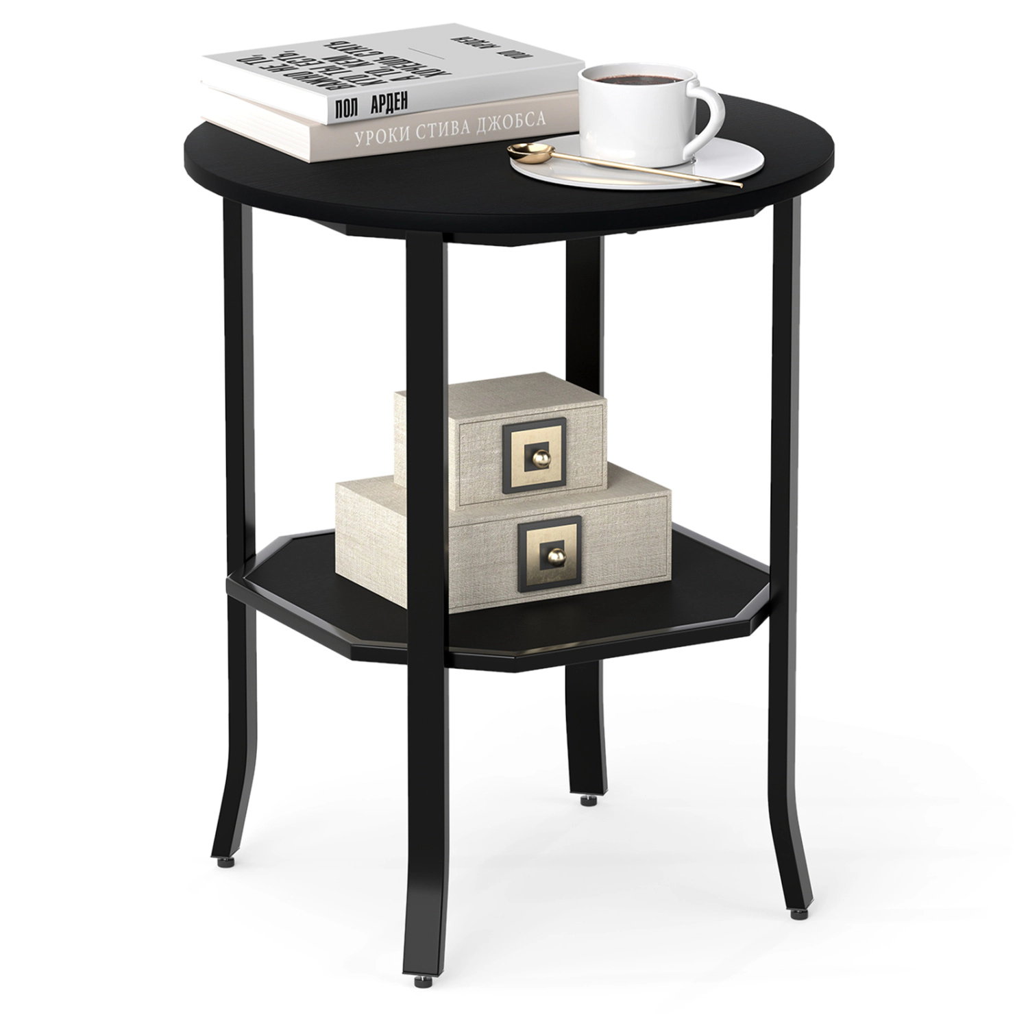 Glintex Round 2-Tier Side Table with Carbon Steel Tubes and 90-Lb Top