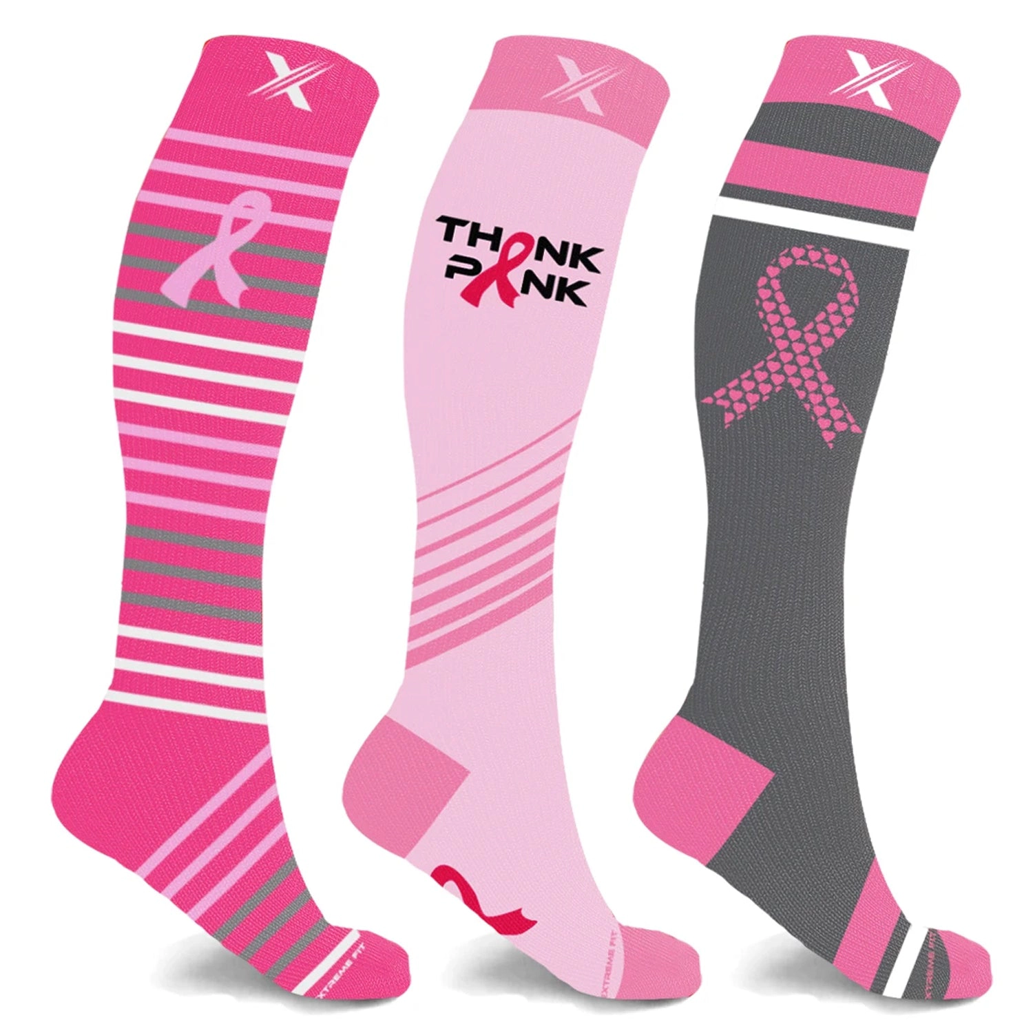 Extreme Fit Cancer Awareness Compression Socks - Knee High For Running 3 Pair