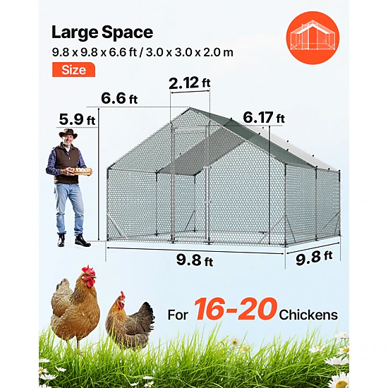 HONGGE Large Metal Chicken Coop Walk-in Chicken Run House with Waterproof Cover & Sturdy Frame Spire Roof Poultry Cage