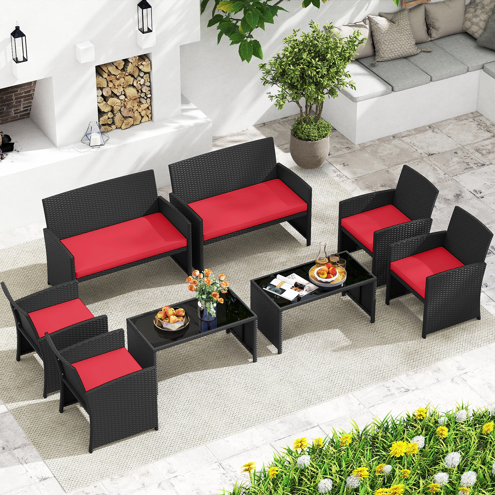 SUGIFT Tempered Glass Tabletop and Rattan Frame 4-Piece Red Cushioned Patio Furniture Set