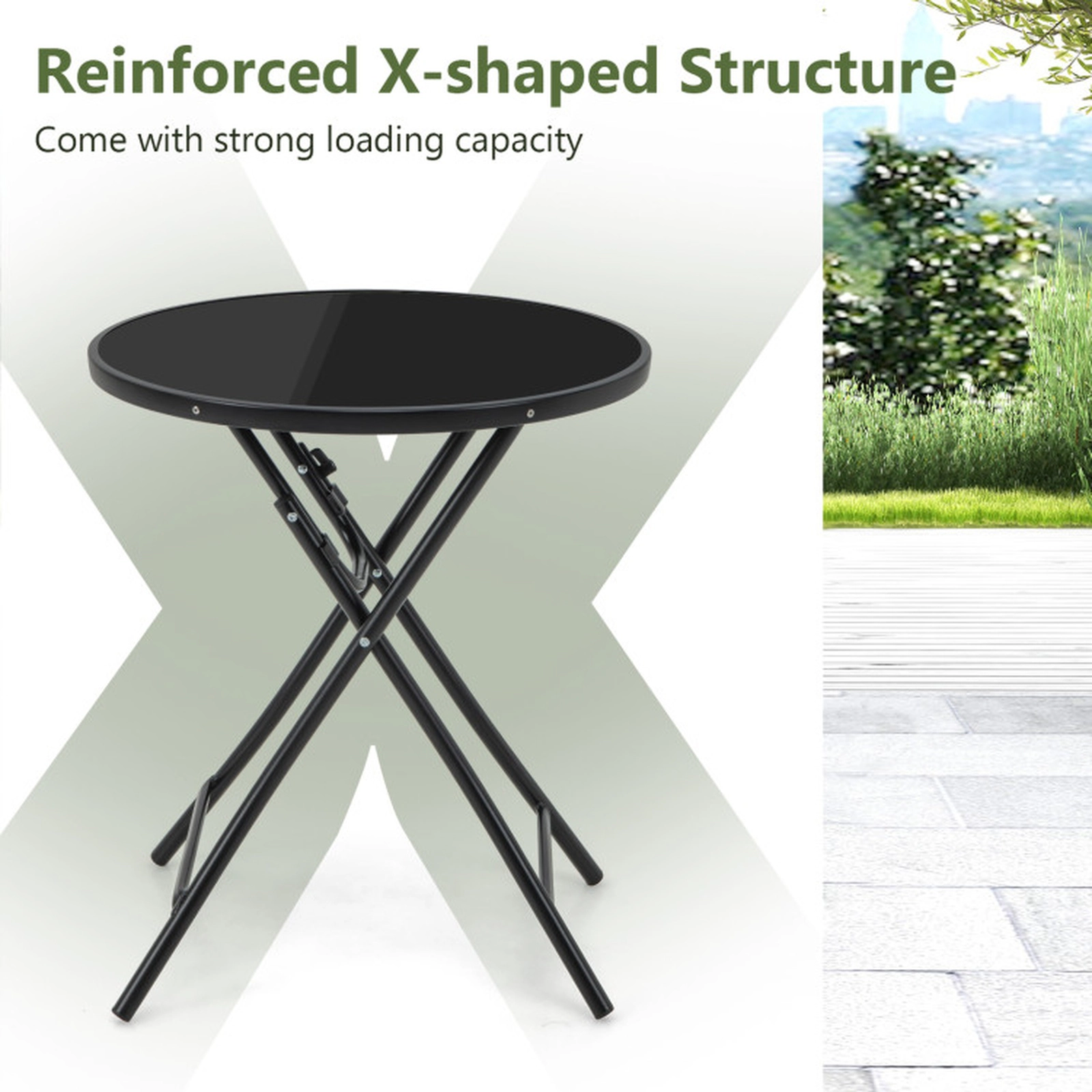 SUGIFT Folding Tempered Glass Top Round Bistro Table 23-in Dia x 26.5-in H 110-lb Capacity 13.5-lb Net Weight Black