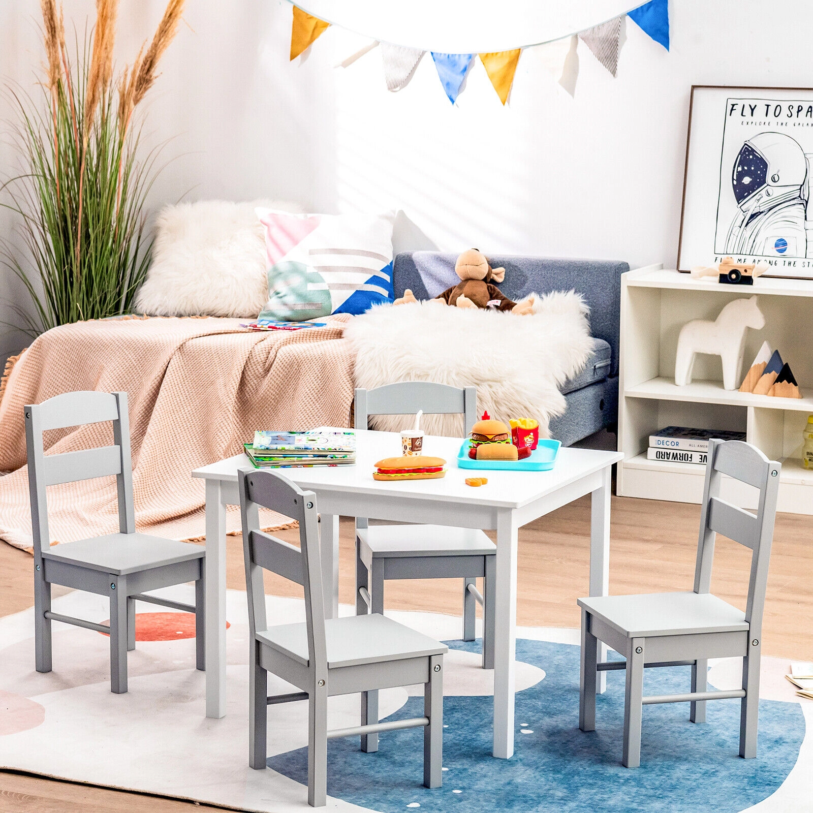 SUGIFT Kids 5-Piece Wooden Table and Chair Set 88-lb Table 110-lb Chairs Ages 2-6 White and Gray