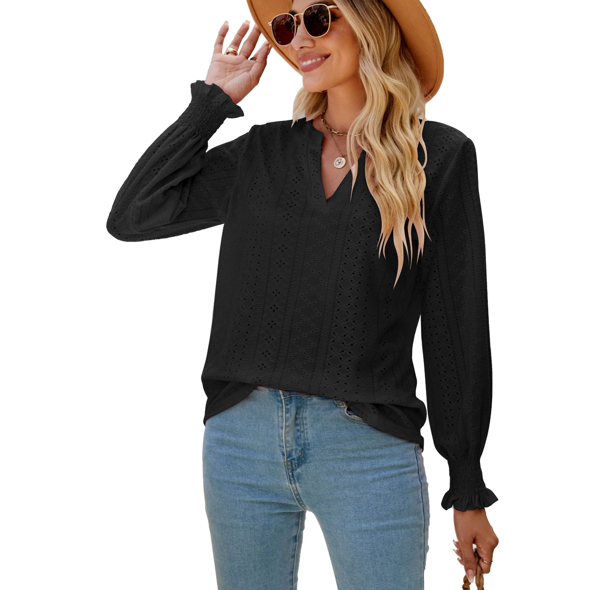 Enchanted Funland Womens Eyelet Long Sleeve Smocked Ruffle Cuff Casual Blouse