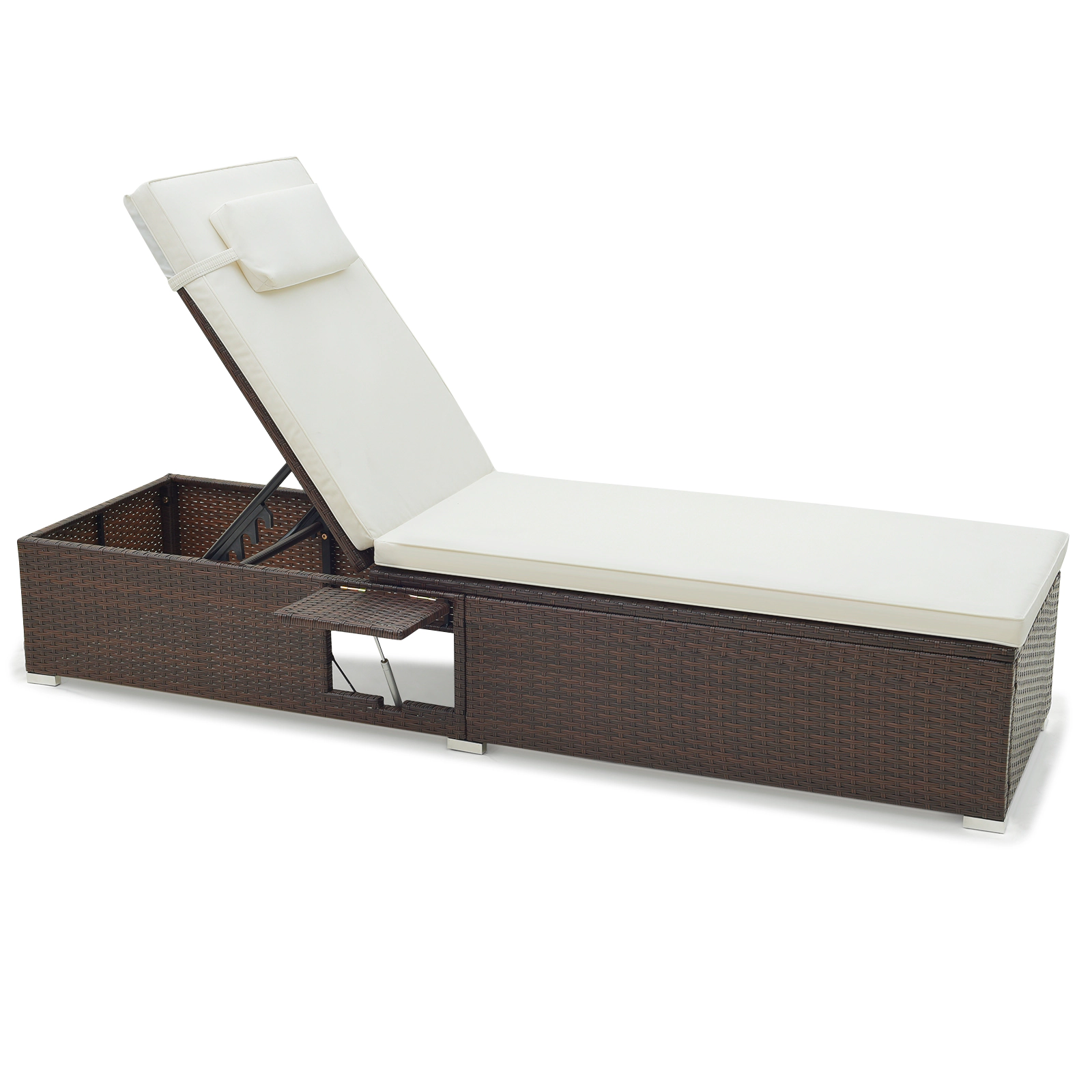 SUGIFT 400-lb Capacity Off White 6-Level PE Rattan Wicker Outdoor Chaise Lounge with Foldable Side Table