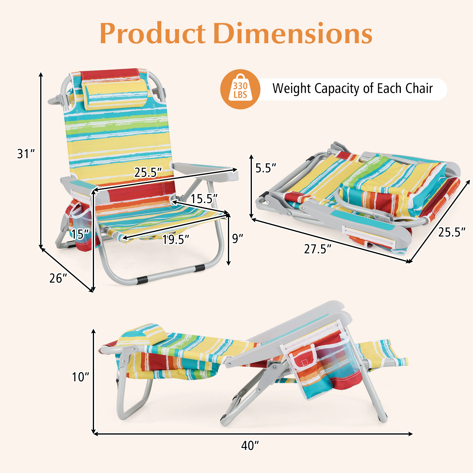 SUGIFT Cup Holder and Storage Pockets Set of 2 Foldable Backpack Beach Chairs