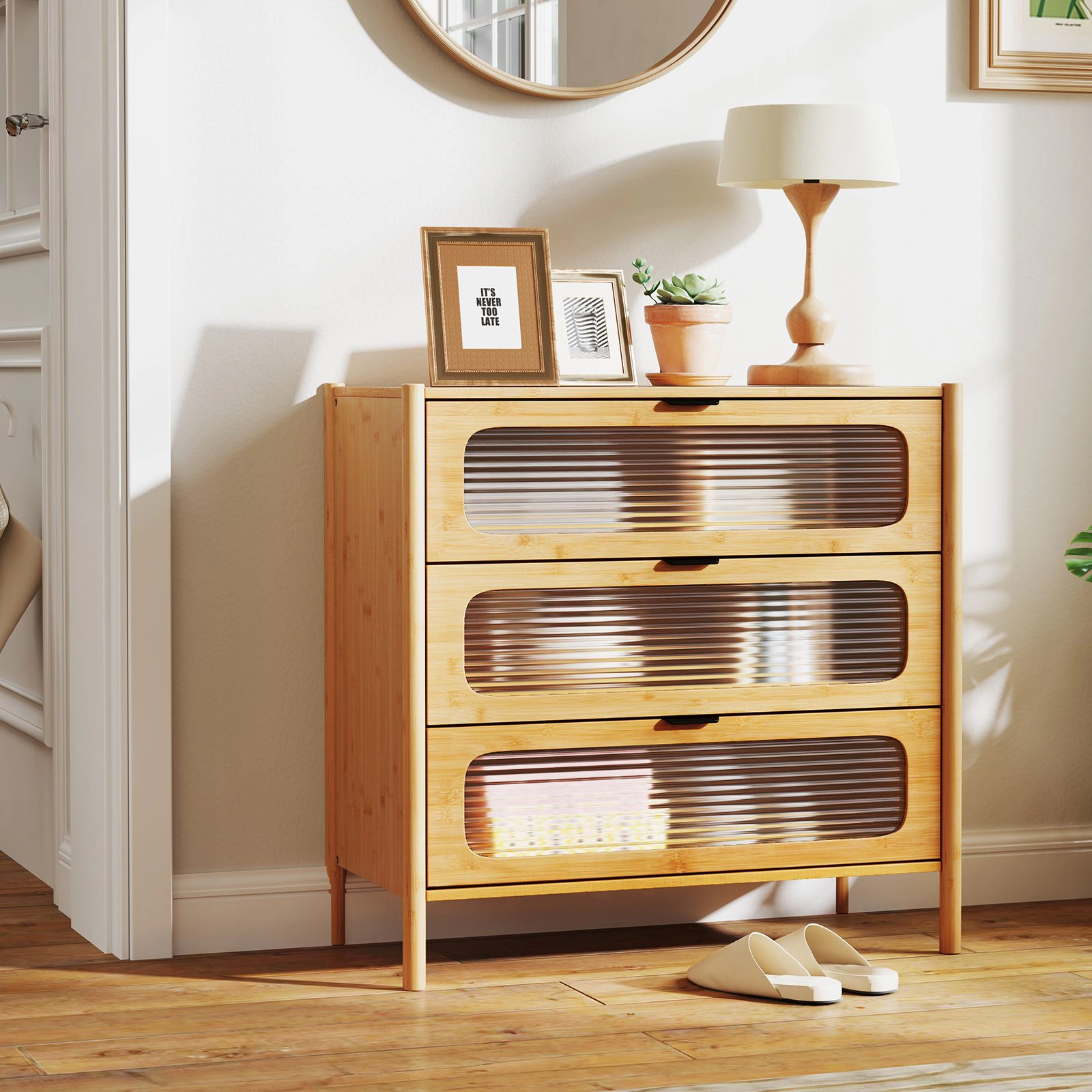 SlickBlue 3-Drawer Reeded Glass Front Storage Dresser