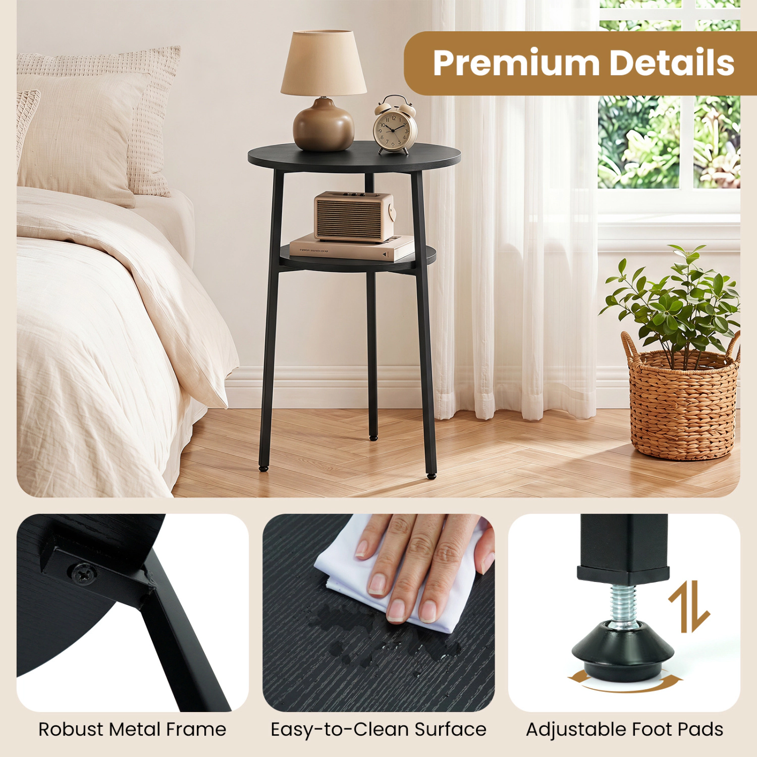 Glintex Round 2-Tier Side Table with Metal Frame and 90-Lb Tabletop