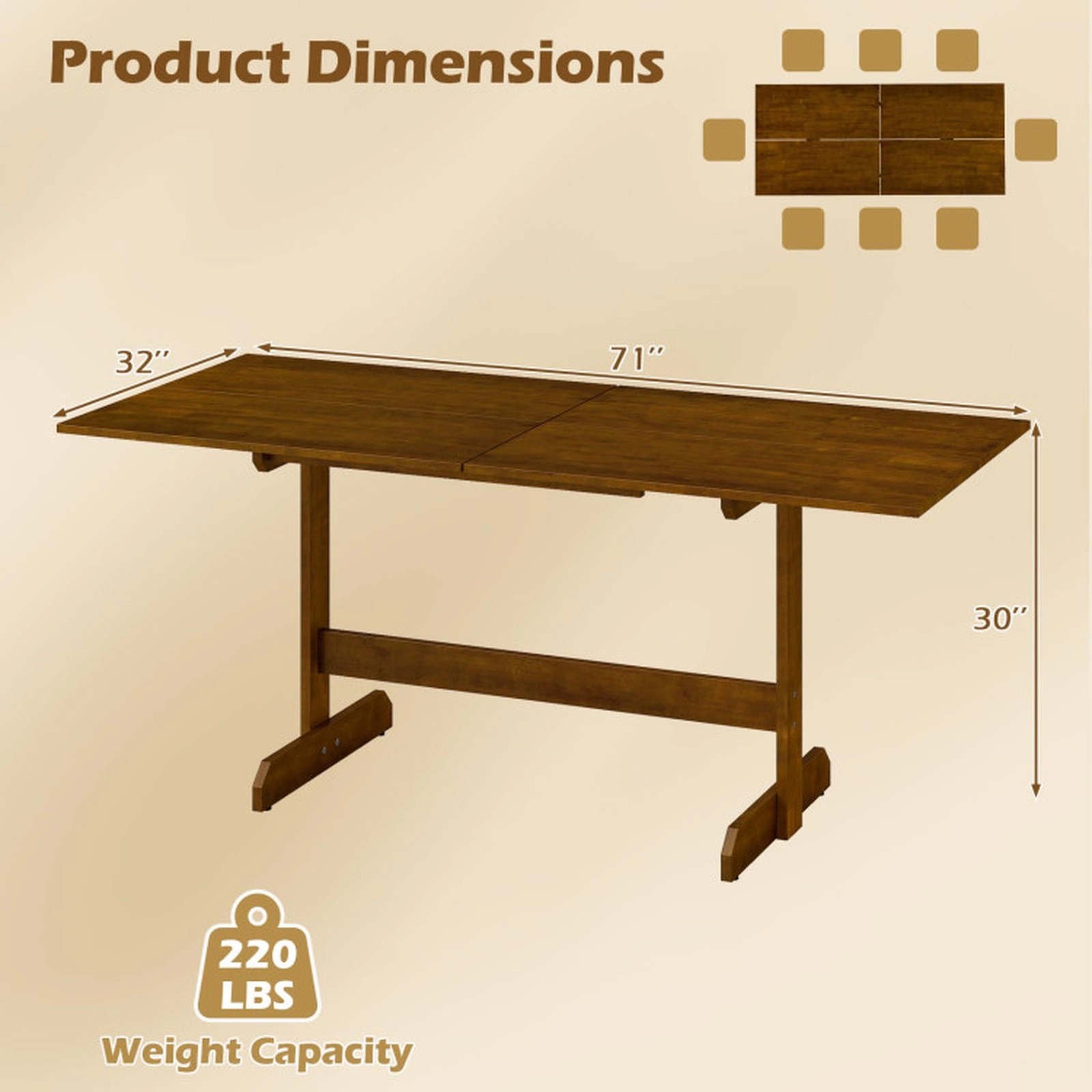 SUGIFT 71 in Walnut Farmhouse Dining Table, Seats 6 to 8