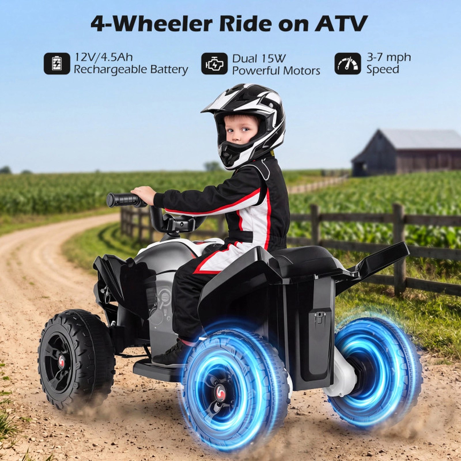 SUGIFT Kids Black 12V Ride On 4-Wheeler ATV Quad with LED Headlights 21-in H 7-mph Top Speed 66-lb Rider Capacity