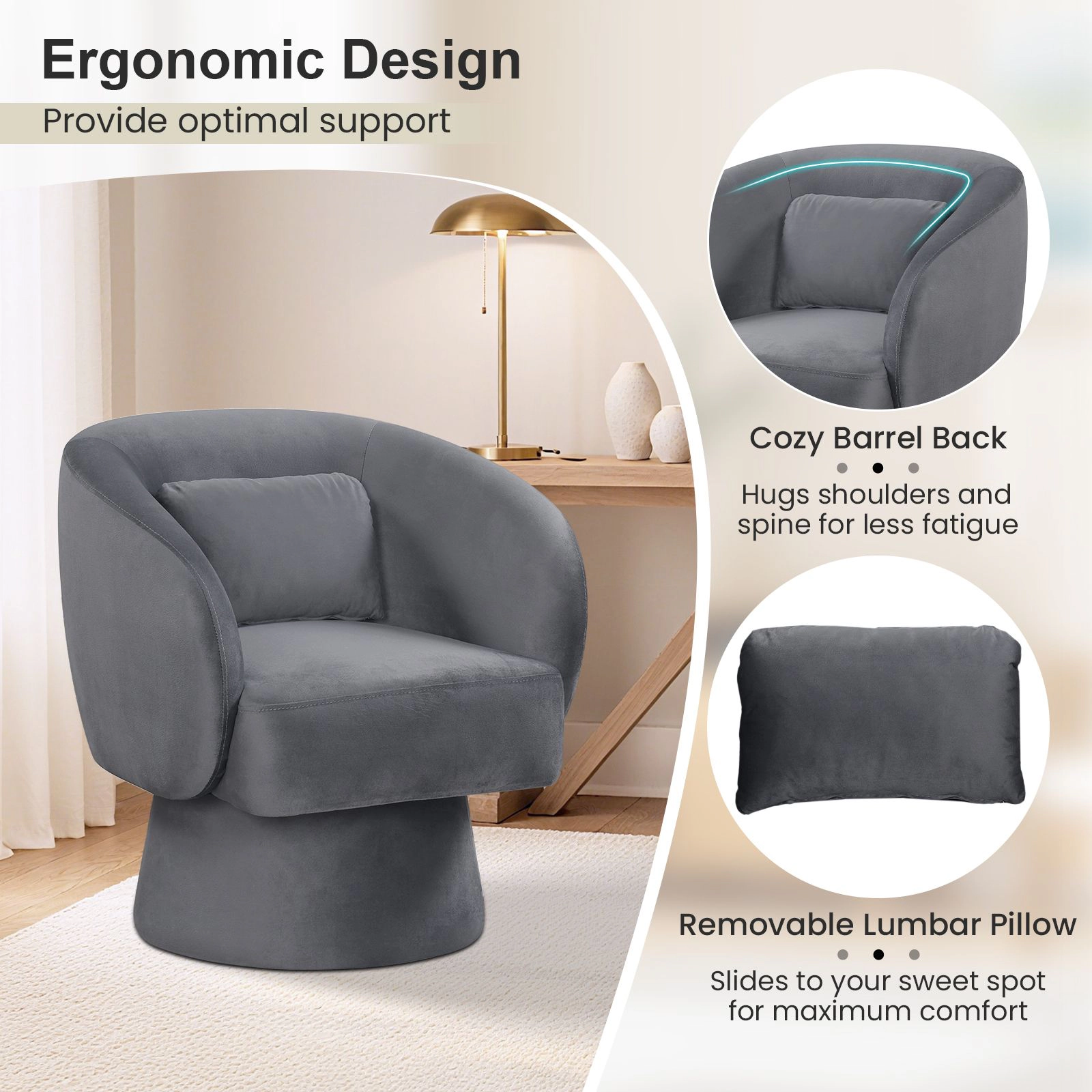 SlickBlue Unisex 360° Swivel Accent Chair with Lumbar Pillow
