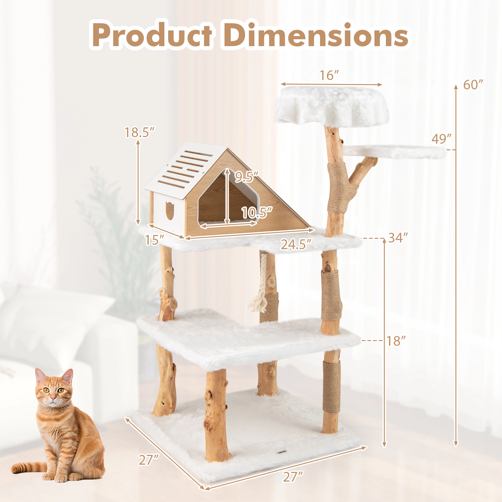 SUGIFT 60-in Solid Wood Modern Cat Tree Tower with Pear Wood Trunks 2 Perches and Vented Condo for Cats