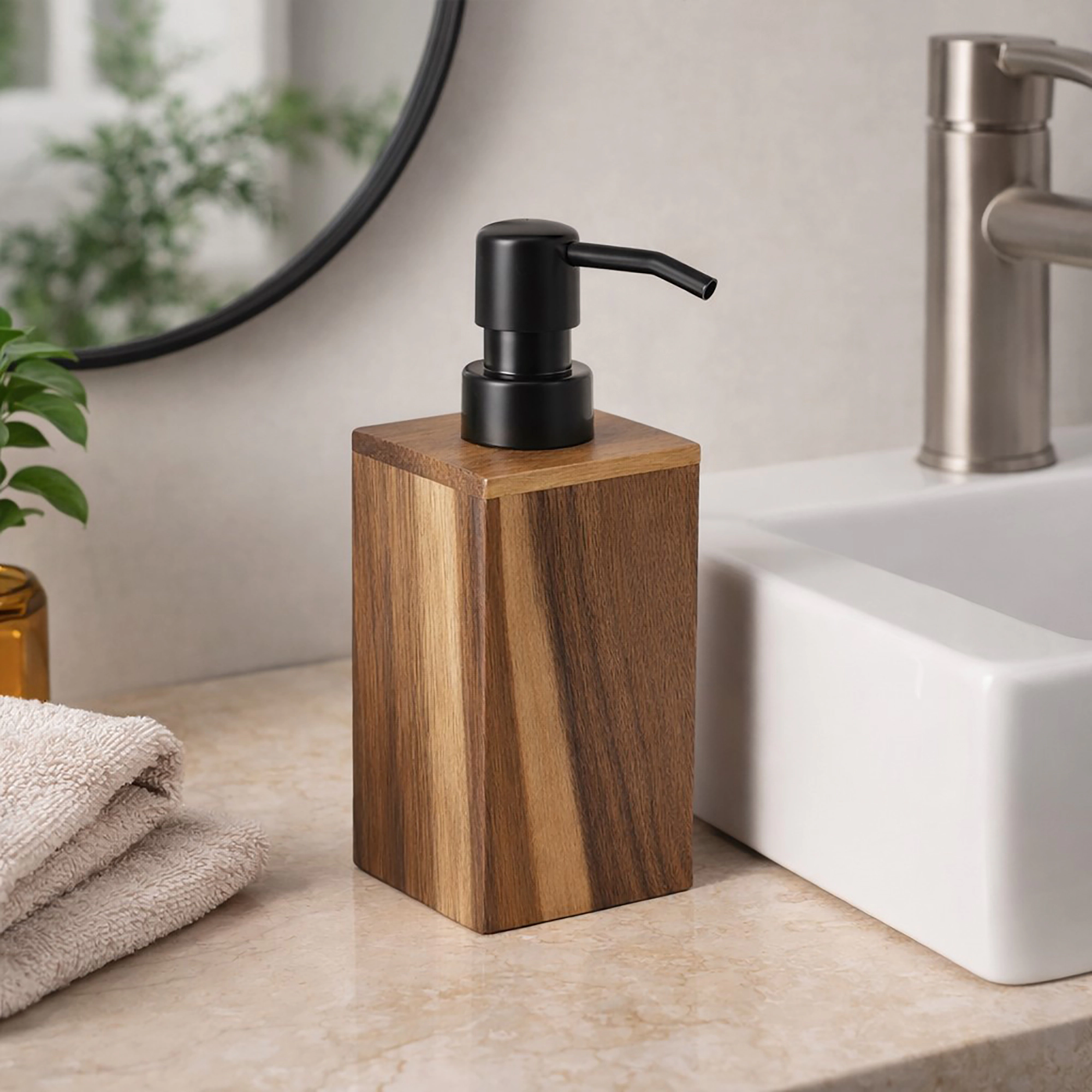 Evideco French Home Goods Acacia Wood 10 oz Refillable Soap Dispenser