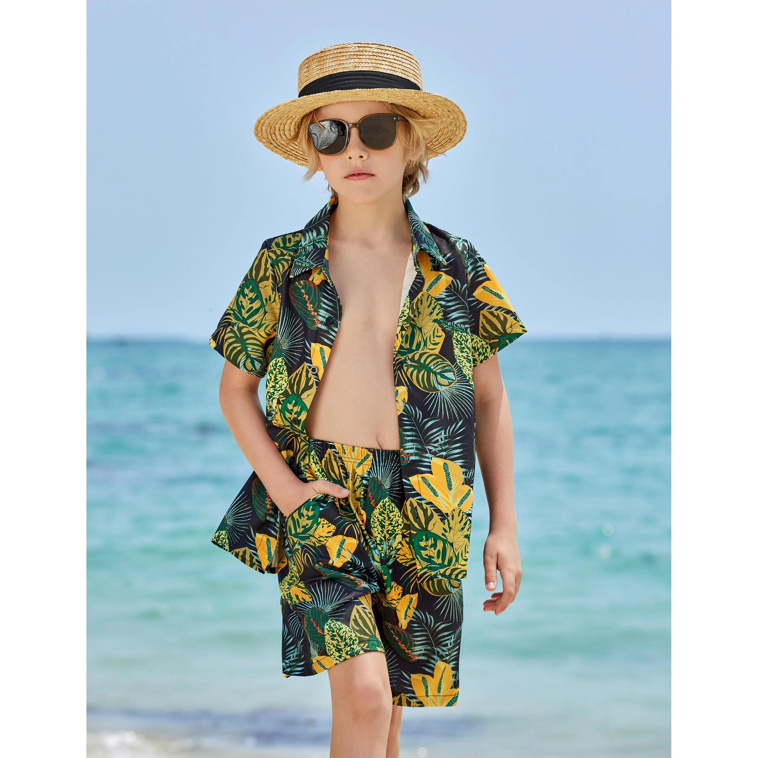 Arshiner Boys Hawaiian Shorts Sets Button Down Shirt And Summer Beach Clothes