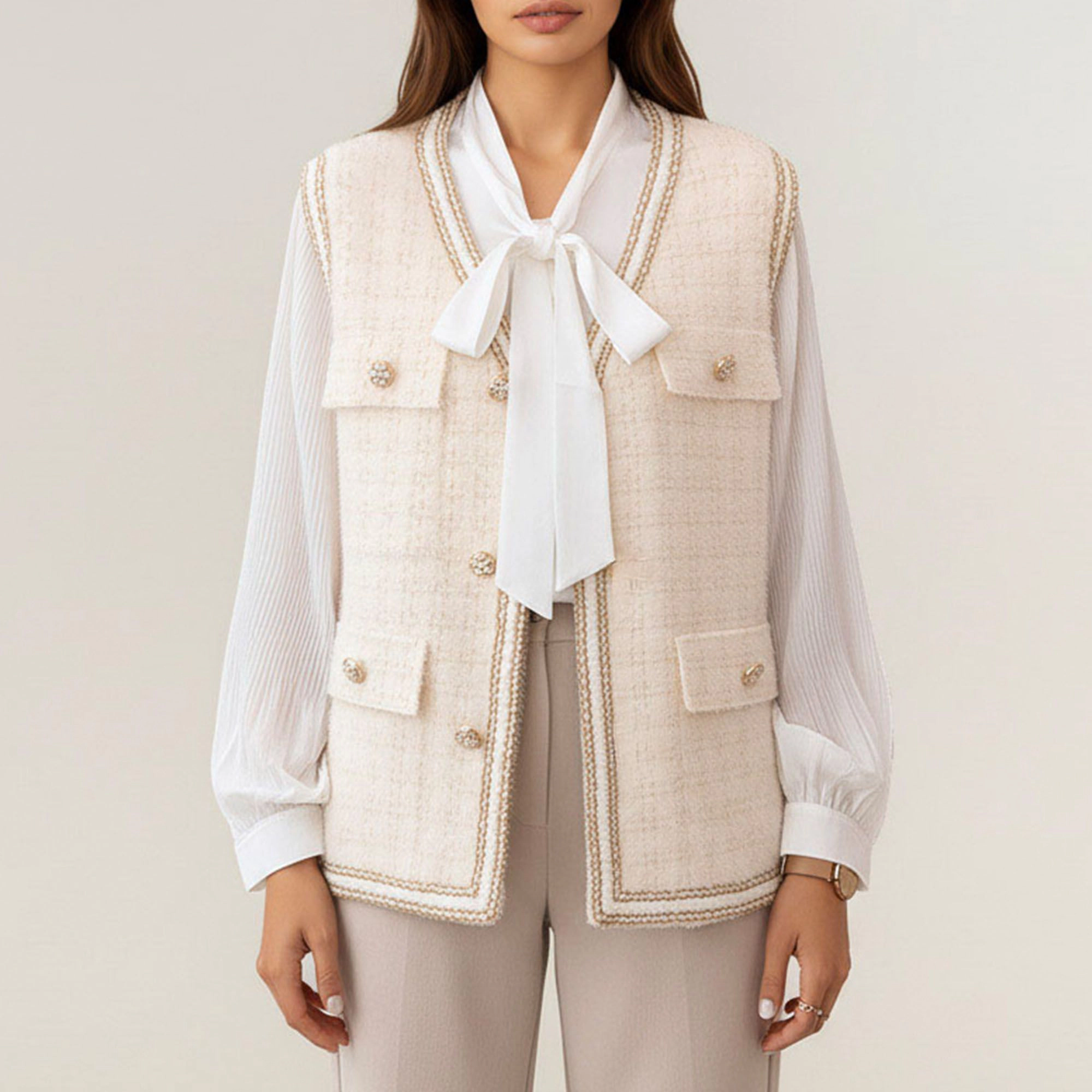 Anna-Kaci Women's Textured Button Front Vest with Decorative Trim and Patch Pockets