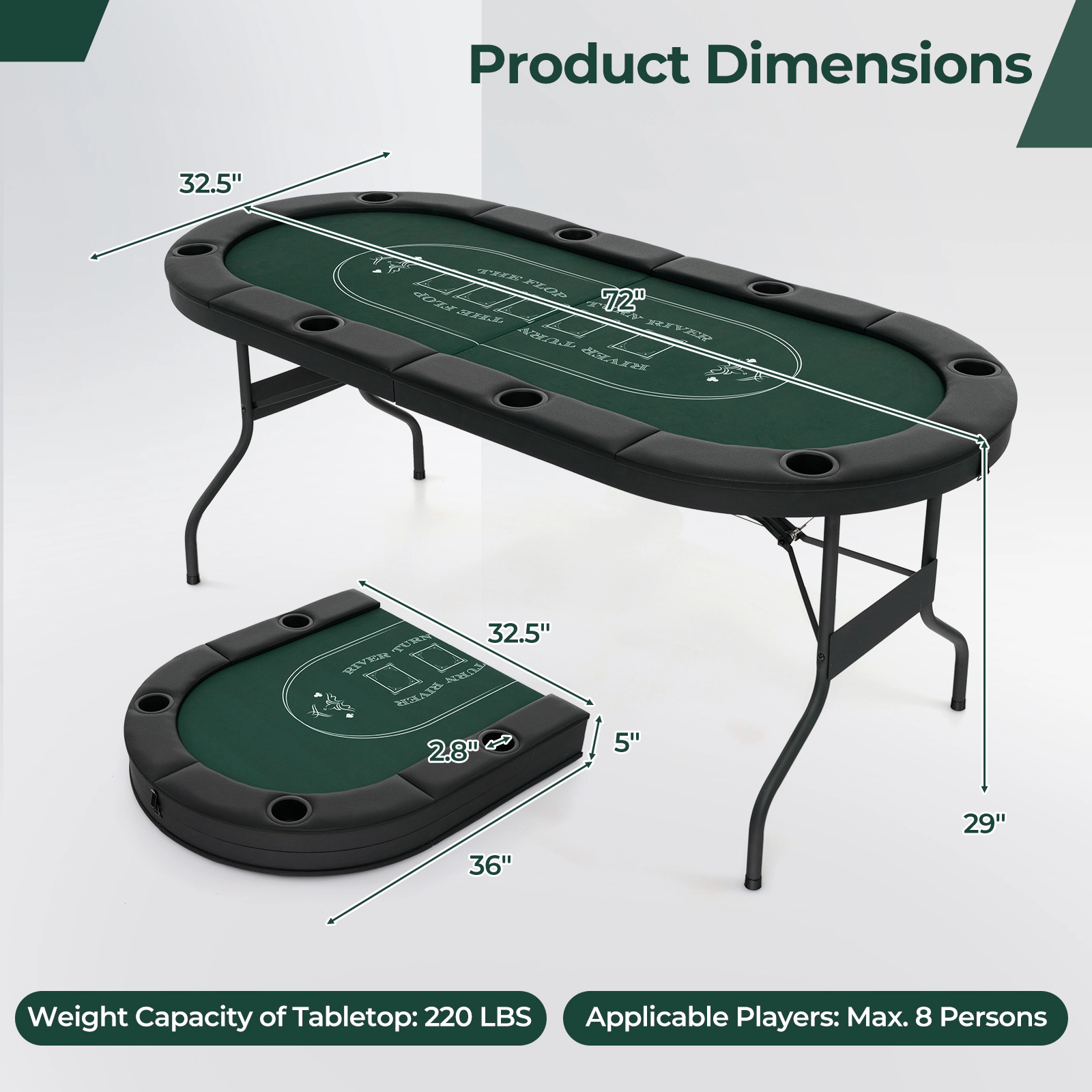 SUGIFT Foldable Oval Poker Table for 8 Players with Cup Holders and PU Leather Armrests Green 72-in Long