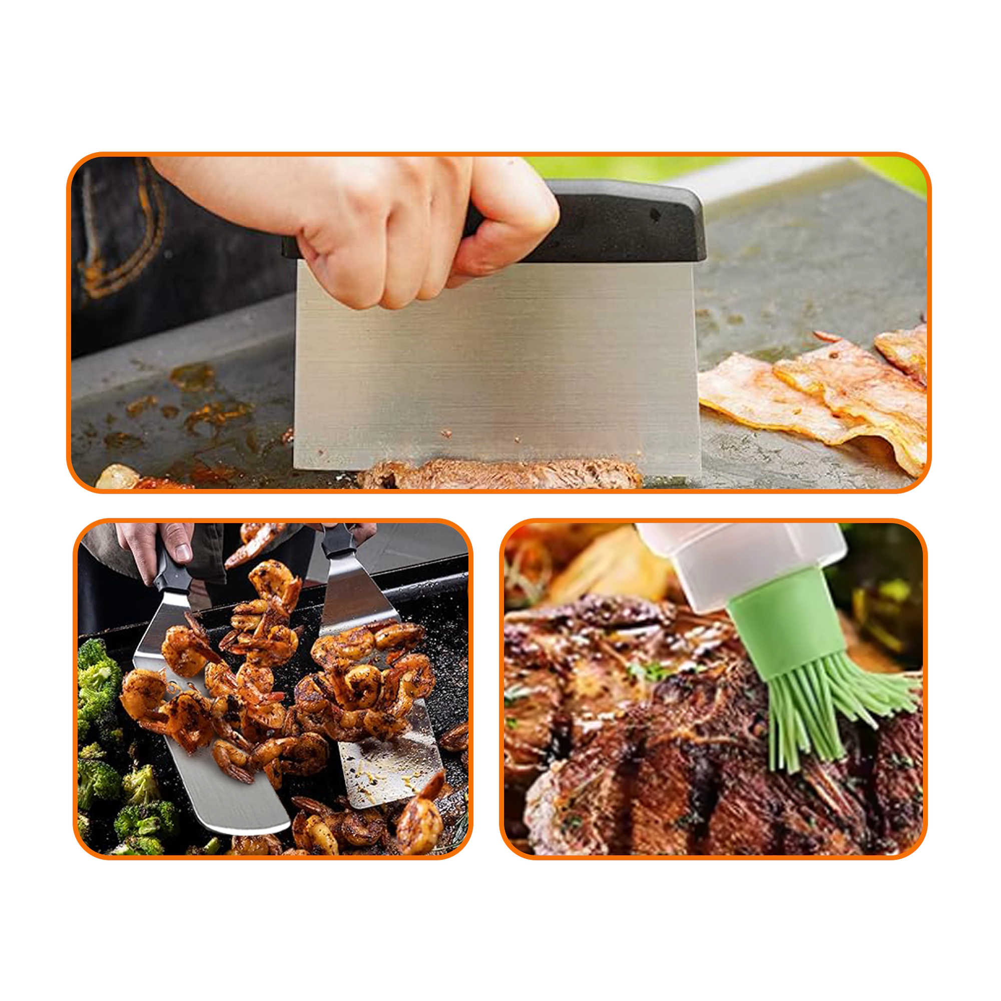 Cheer Collection 7 Piece Stainless Steel Griddle Tool Set with Locking Tongs