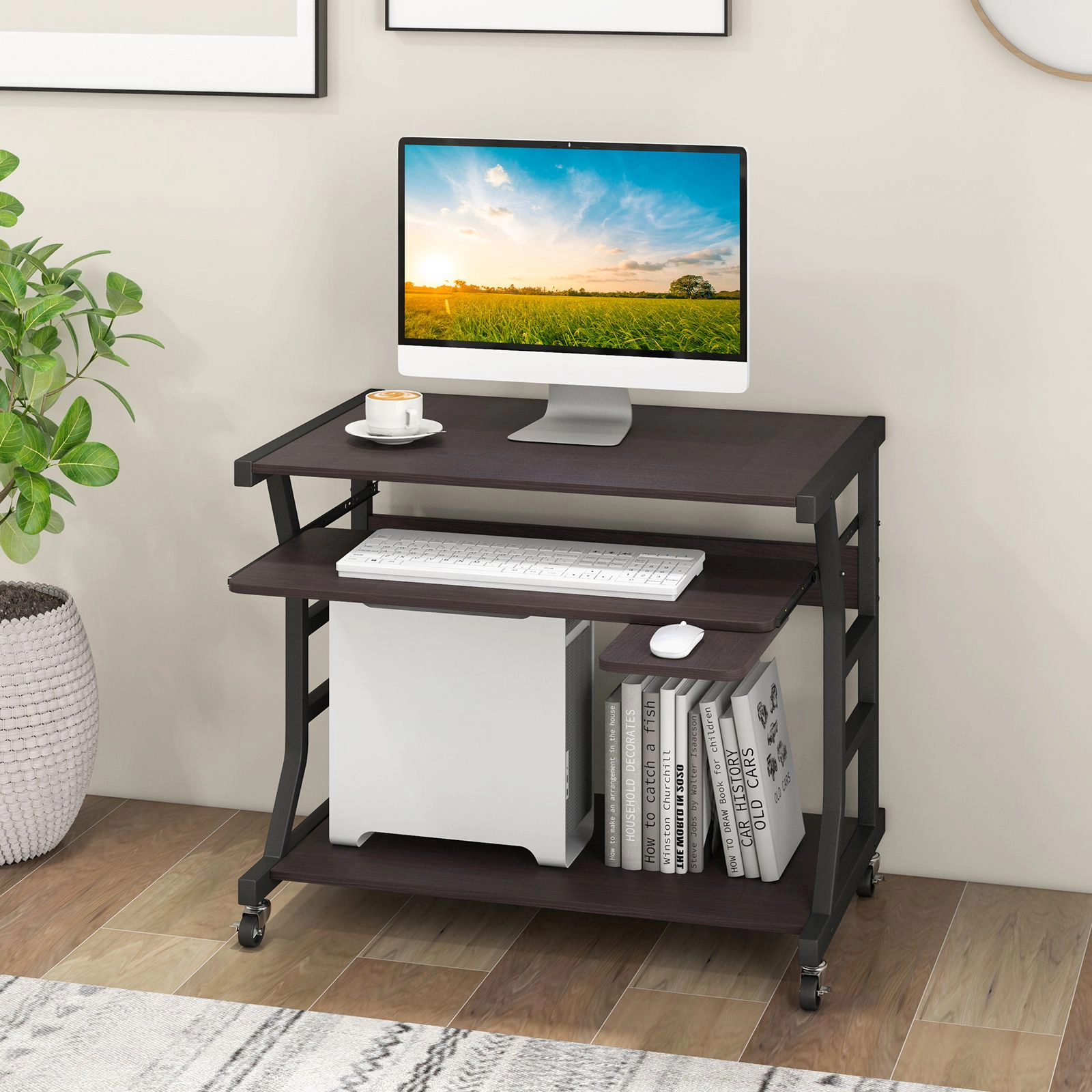 SlickBlue Small Rolling Computer Cart with Keyboard and Storage Shelf