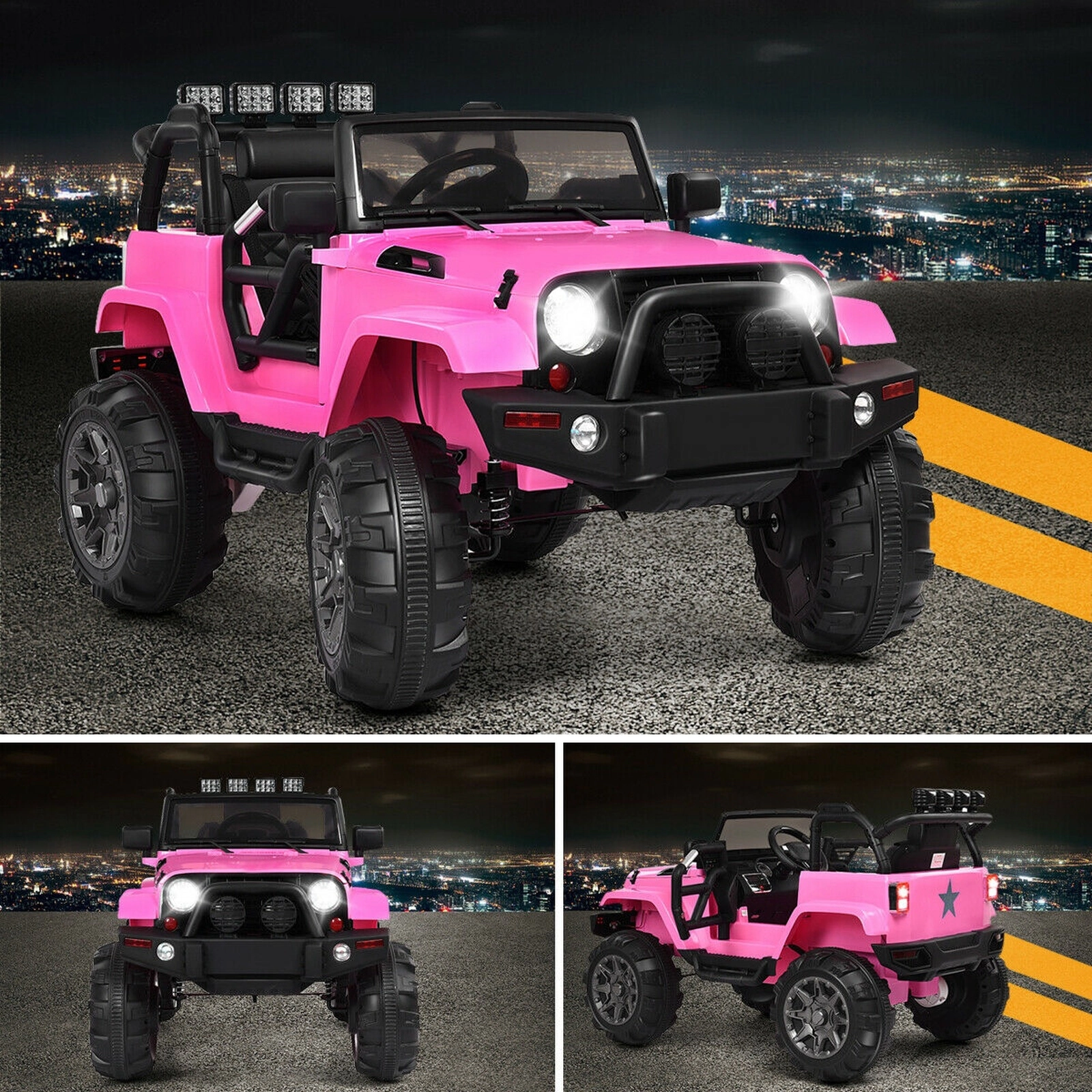 12V Kids Electric Car Ride On Truck Parent Remote Magnetic Door Locks Spring Suspension and LED Lights Ages 3-7 Pink