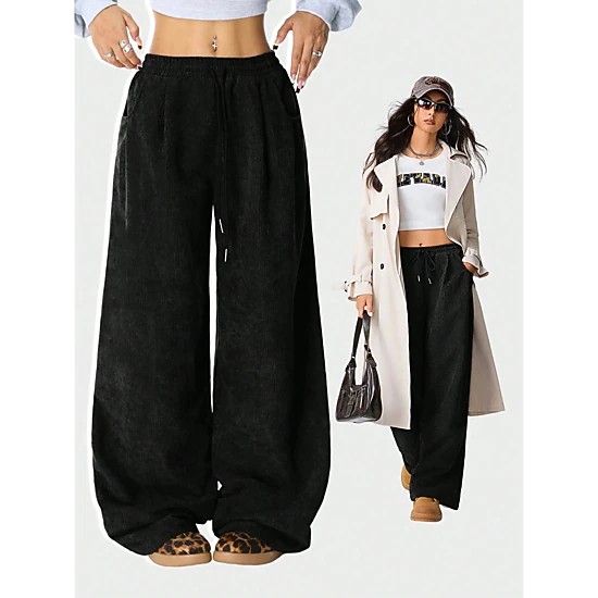 BLUEMING Women's Cord Barrel Pants Elastic Waist Baggy Sweatpants Soft ...