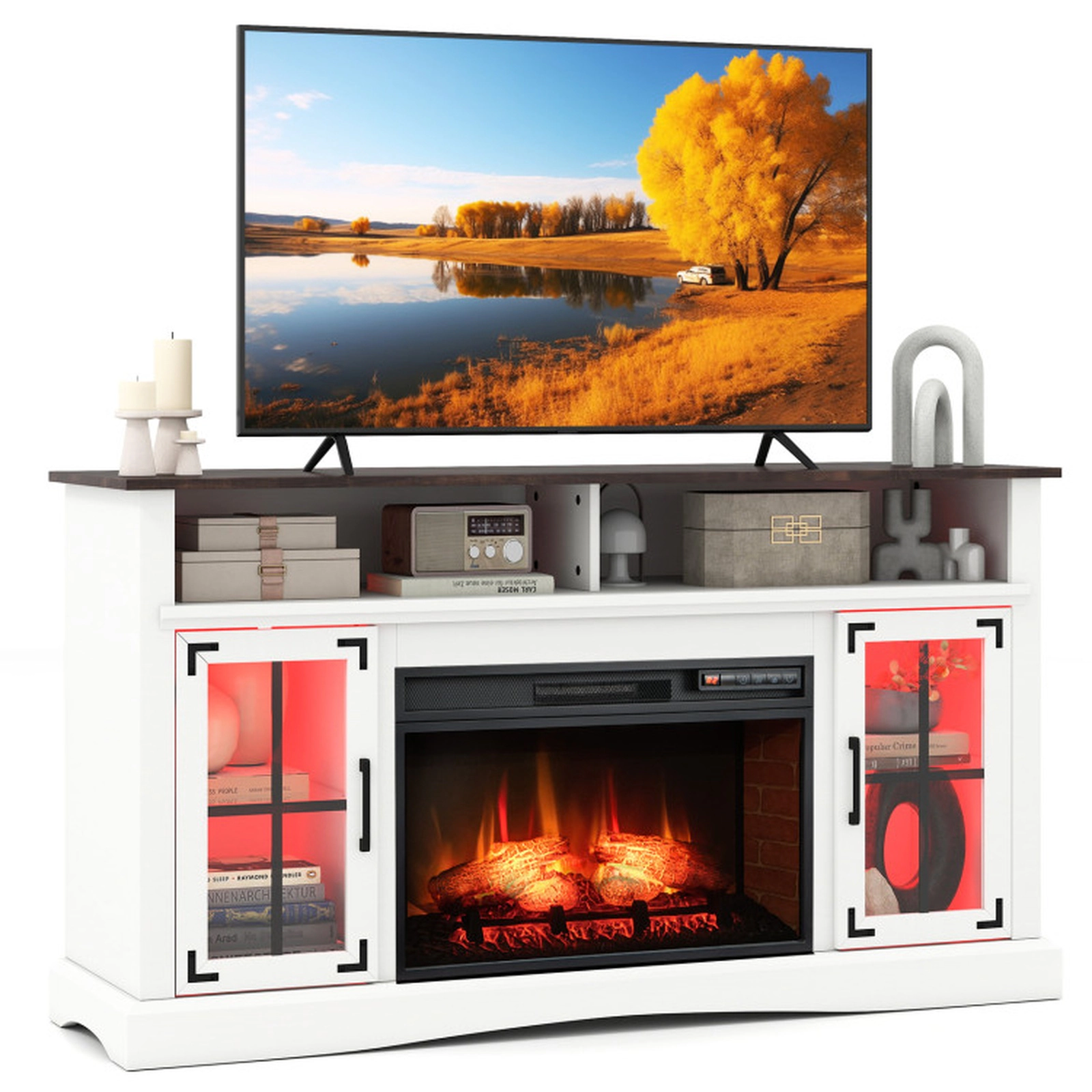 SUGIFT 1400W Electric Fireplace RGB LED Lights TV Stand 58-in x 16-in x 31.5-in 225-lb Capacity 50-in TV White