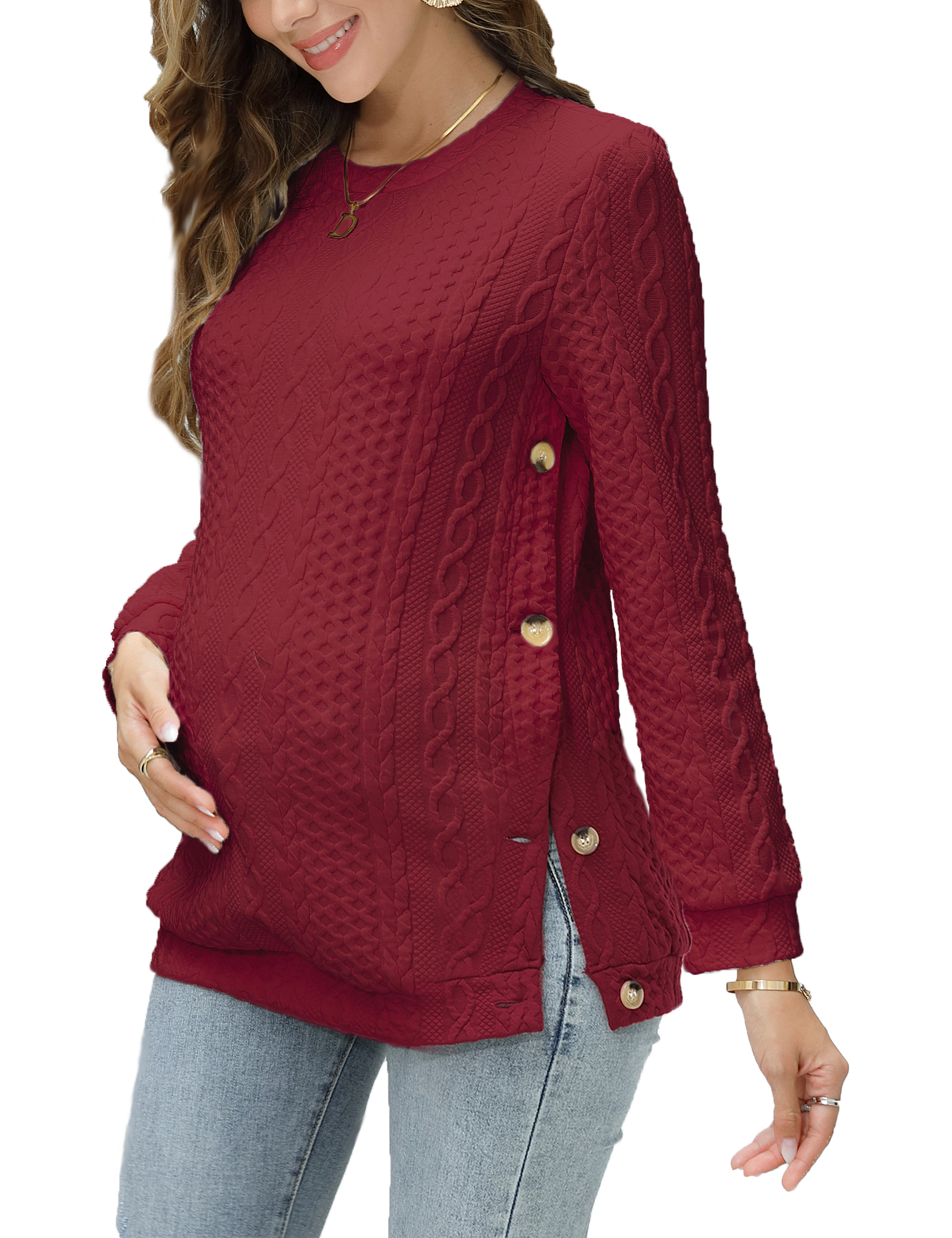 KOJOOIN Women's Maternity Sweatshirt Cable Textured Long Sleeve Tunic Top Round Neck Pregnancy Shirt