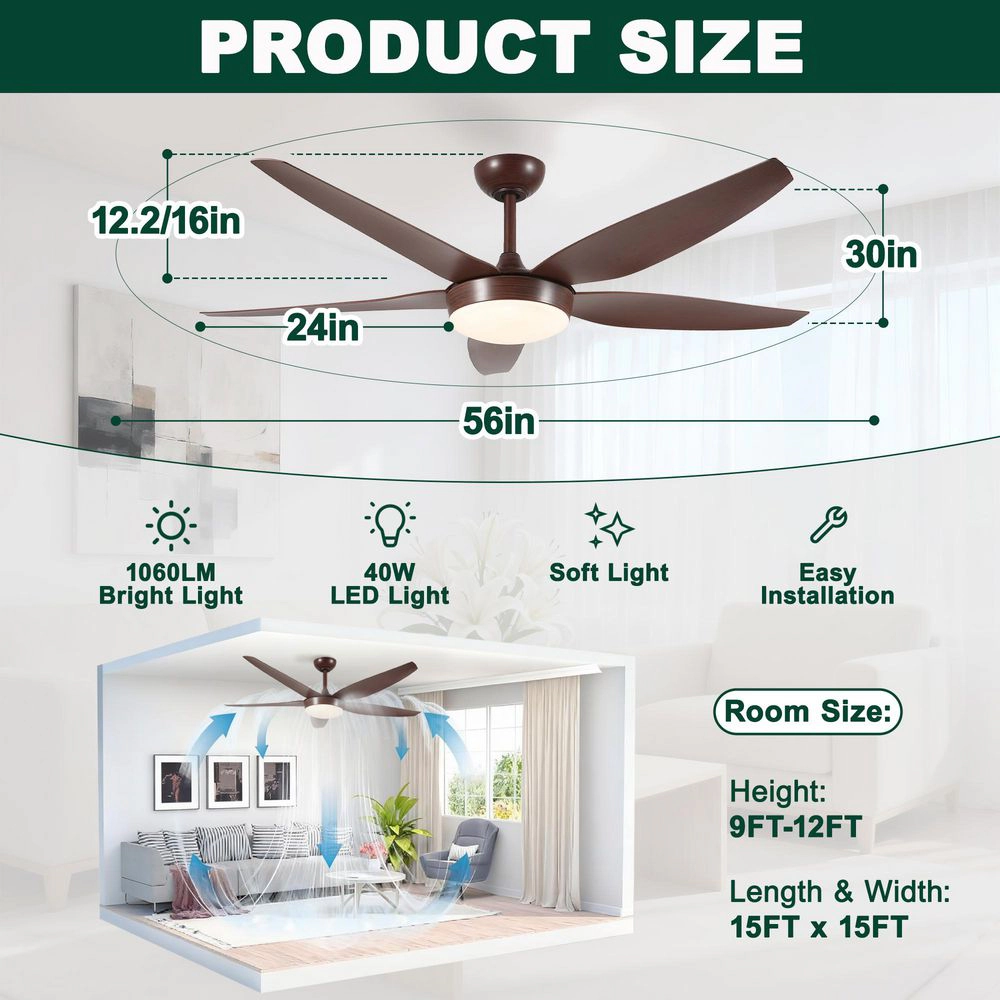 Flynama 56 in. Reddish Brown DC Motor Downrod Mount Standard Ceiling Fan with Remote Control, Ceiling Fans with Lights