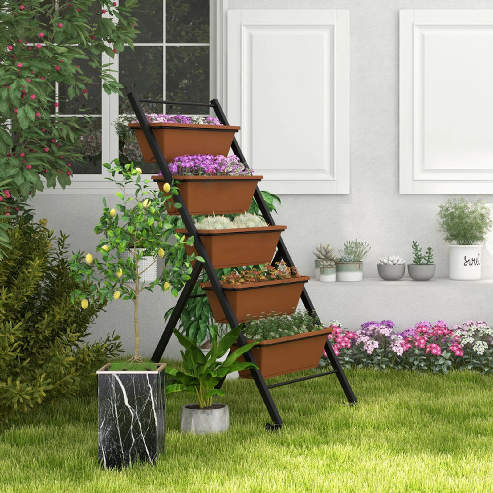 SUGIFT 5-Tier Brown Vertical Raised Garden Bed with 5 Container Boxes and Wheels 22.5-in W 29-in D 50-in H