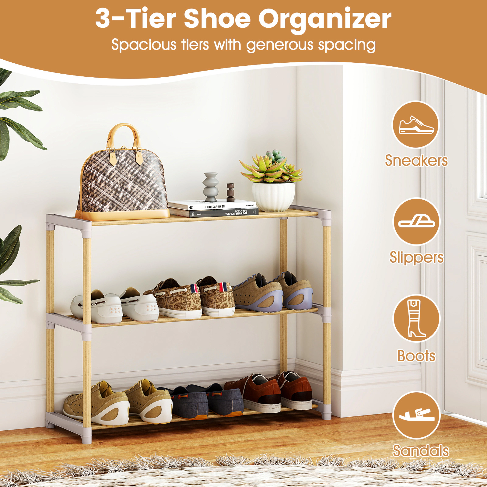 SUGIFT 3-Tier Natural Solid Wood Free Standing Slatted Shoe Rack Organizer for Entryway and Closet
